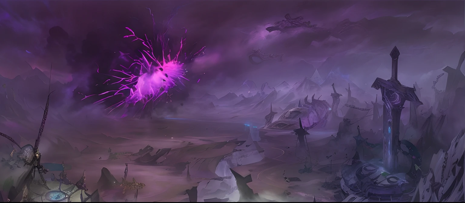 There is a painting of purple fireworks in the sky, matte painting arcane dota pixar, purple fire around magic arena, dota! matte painting concept art, dota matte painting concept art, background artwork, League of Legends concept art, arcane concept art, Official Splash Art, Splash Art, Dota 2 concept art, Riot game concept art, dramatic concept art