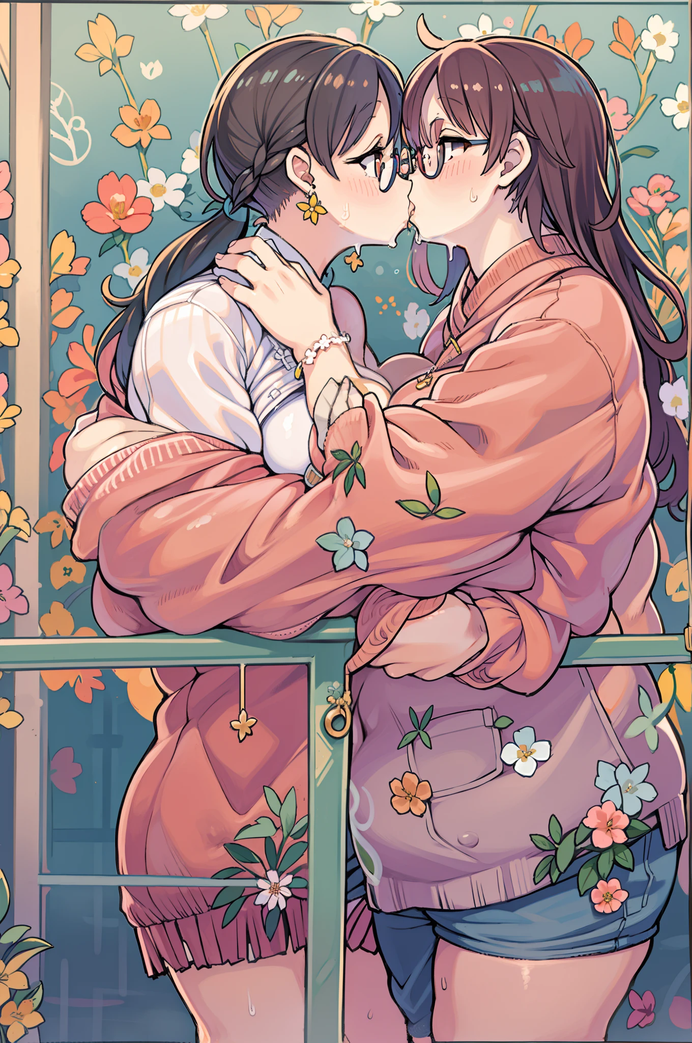 Two-dimensional girl enjoying flowers、huge-breasted、big round glasses、bbw,Large Thigh、Two girls、embracing each other、Deep kissing、the kiss、lesbian、red blush