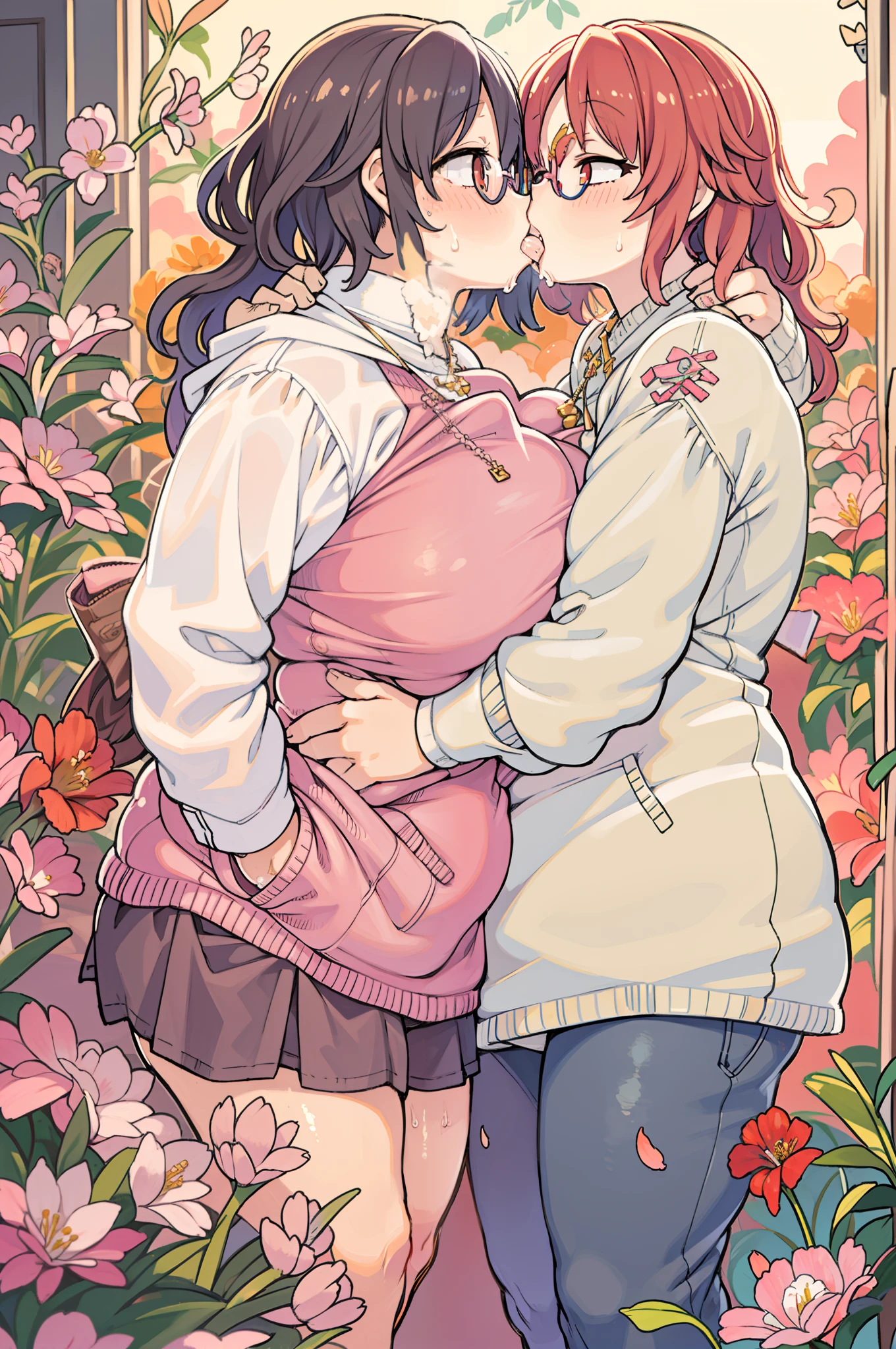 Two-dimensional girl enjoying flowers、huge-breasted、big round glasses、bbw,Large Thigh、Two girls、embracing each other、Deep kissing、the kiss、lesbian、red blush