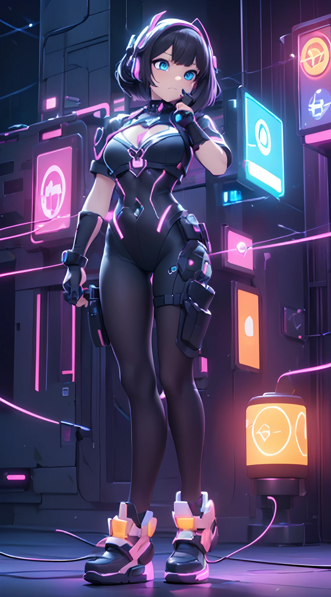 (Dynamic Angle:1.4), ((Full body posing:1.5), (Colorful:1.2), (Highly detailed CG Unity 16K wallpaper:1.1), (Denoising strength: 1.45), (tmasterpiece:1.37), ((Official art)), of the highest quality, (Realistic), Cyber Girl, 2 head body,Deformed Character,cute expression, (Short-cut hair:1.2),(Black Cyberware:1.5),Black hair,Glowing eyes,(blue eyess:1.2),((Poses in motion:1.4)),wires, (LED:1.3), (a hologram:1.2), futuristic city street, Neon light, Skyscrapers, (Night:1.2), (Rainbow Model:1.2), 8K resolution, (Anime style:1.3), Cinematic lighting, chromatic abberation, spark of light, Ray tracing, blending, ultra wide-angle,  Hasselblad, (masutepiece), (masutepiece), ((Best Quality)), ((masutepiece)), nffsw
