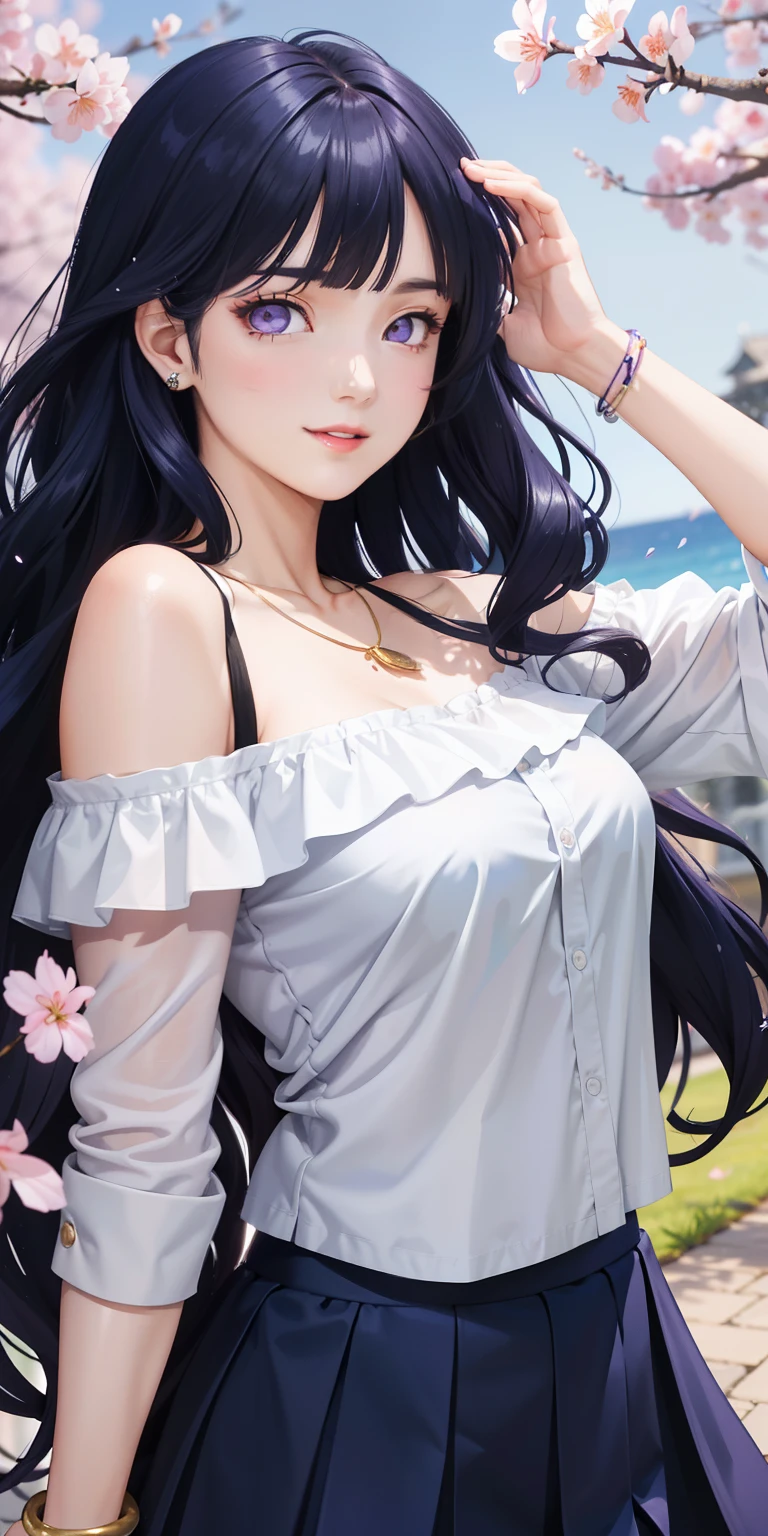 She is very beautiful and has perfect medium breasts, ((long dark blue wavy hair, hair over one eye)) purple eyes (detailed background), detailed landscape, 1girl, solo, looking at viewer, smile, skirt, shirt, neckline, bare shoulders, jewelry, collarbone, white shirt, outdoor, necklace, off shoulder, bracelet, (masterpiece), (best quality), (ultra detailed), (highly detailed), (detailed face) ) petals, cherry blossoms, she is in dynamic pose exuding passion,long dark blue hair, Blunt Bangs, purple eyes