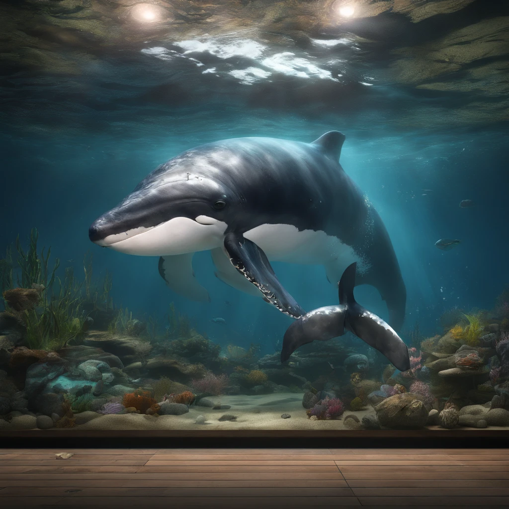 (Best Quality, hight resolution:1.2), Brilliant lights, masutepiece:1.2, curated, ultra-detailliert, hightquality, Award-winning, Swim in a small fishbowl, Long bearded whale