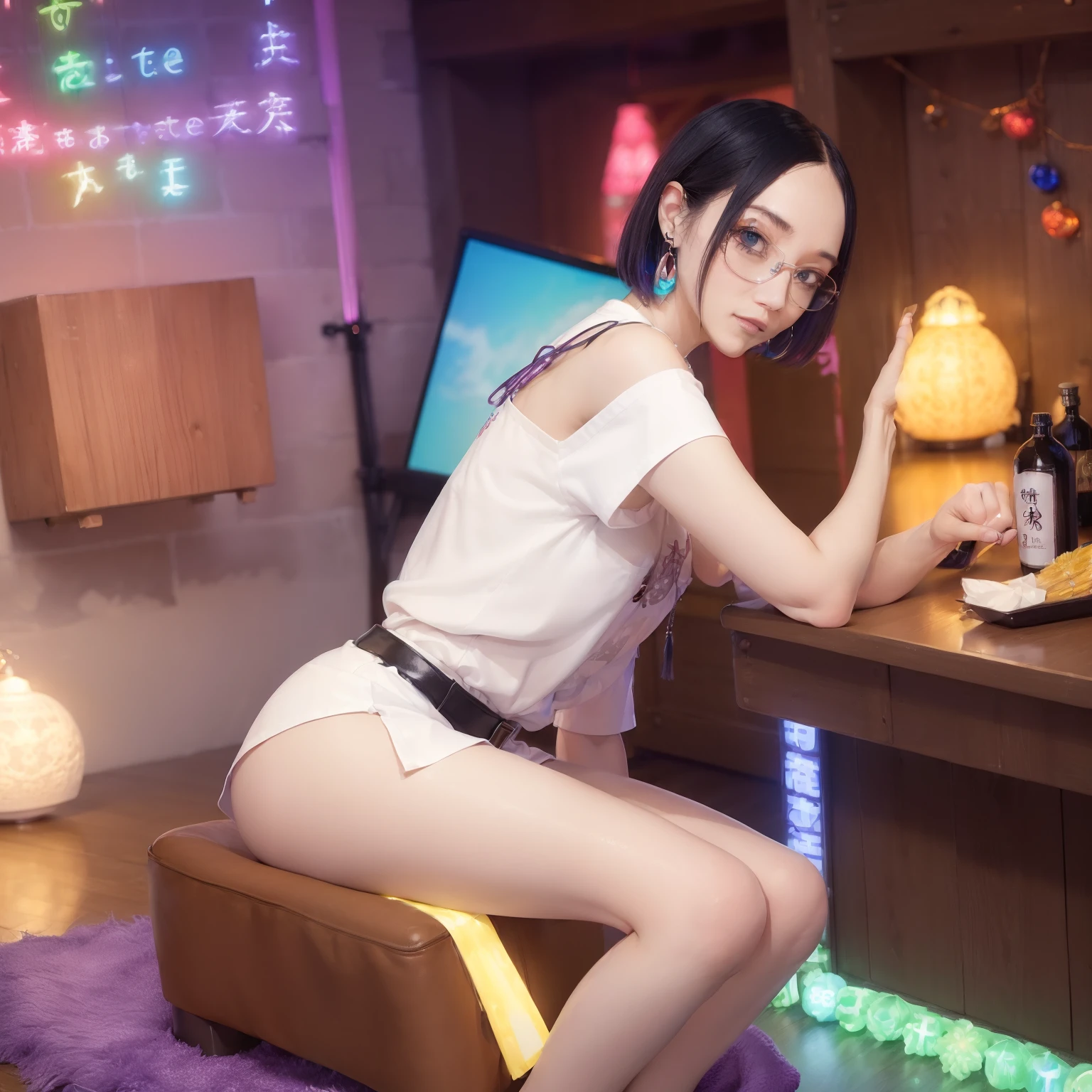 (masutepiece, Best Quality:1.4), Cinematic Light, Colorful, High contrast, neons, skyporn, light-colored hair、Forehead、straight short hair、A slender、Off-the-shoulder shirt、Leather shorts、Pin-heeled glasses、Larger earrings、make - up、((((oil)))), beauty legs