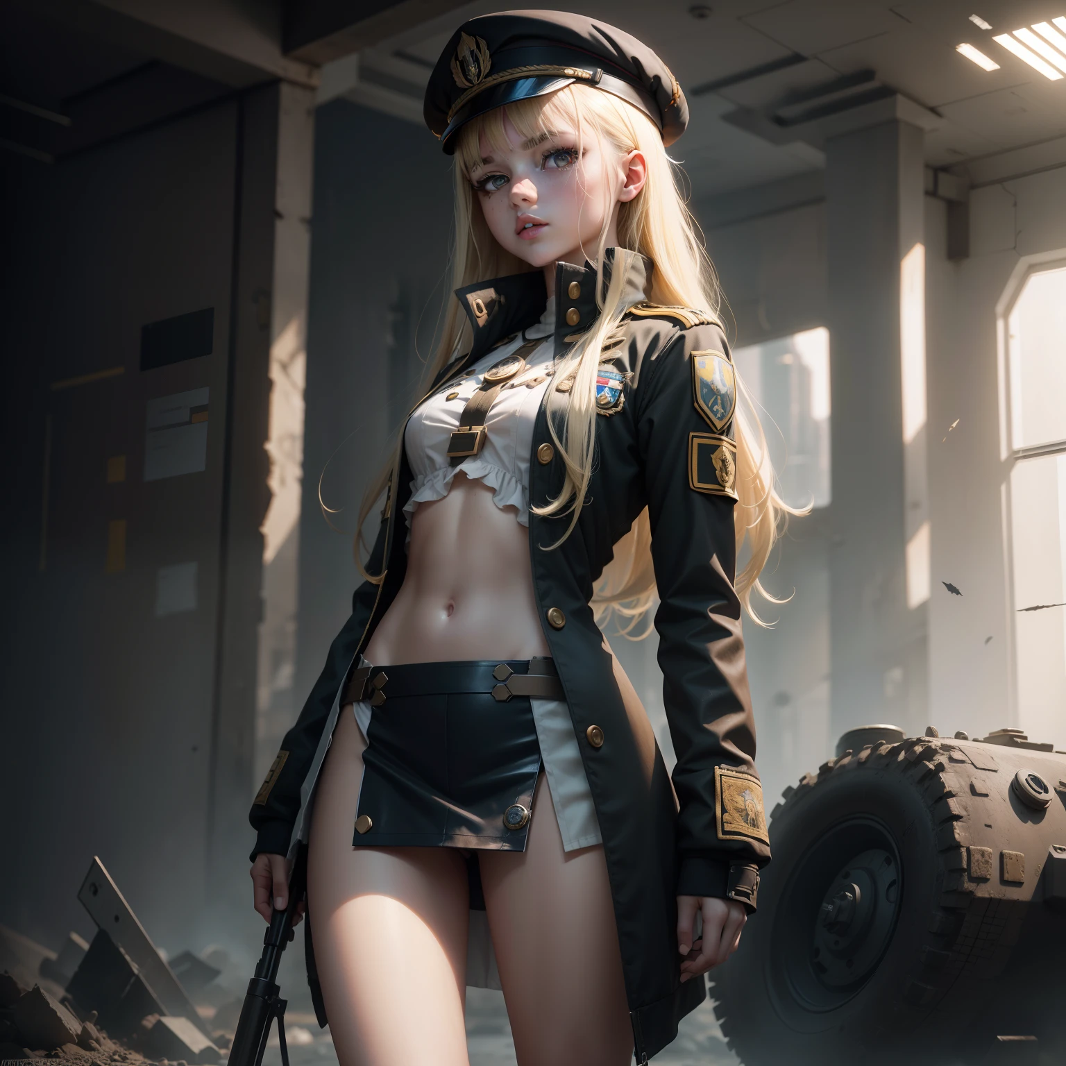 ukrainian girl , Ukrainian anime girls , , Ukraine ,  Full body composition of young girl with messy bright blonde hair,eye make up, ,  Soft lighting, Solo, Old torn dirty shabby futuristic military uniform, badges, Pose, Blotch color, Octane Render, Hyperrealistic intricate detail, Cinematic, 8K resolution, 70mm, Accent Lighting, Global Illumination, Full body portrait, clean detailed faces, intricate clothing, Cute face, flat chest, Slim waist, Slim legs, small hips,Show white cloth underwear,Wearing a beret,Special Forces Clothing,