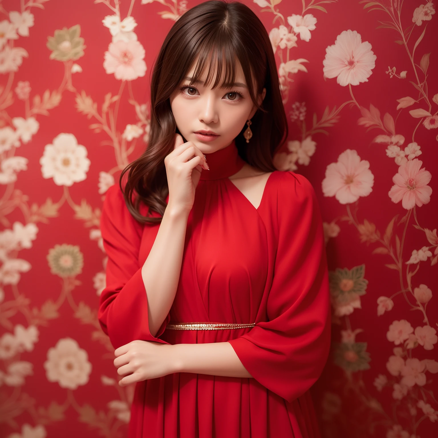 Woman in red Dress、The background is gorgeous red wallpaper studio、[photos realistic]!!,Candid flash photography、magnifica、Masa Nakayama、flash photo、Sui Ishida、Do not copy hands、adult lady、high-class sense、There are a lot of decorations