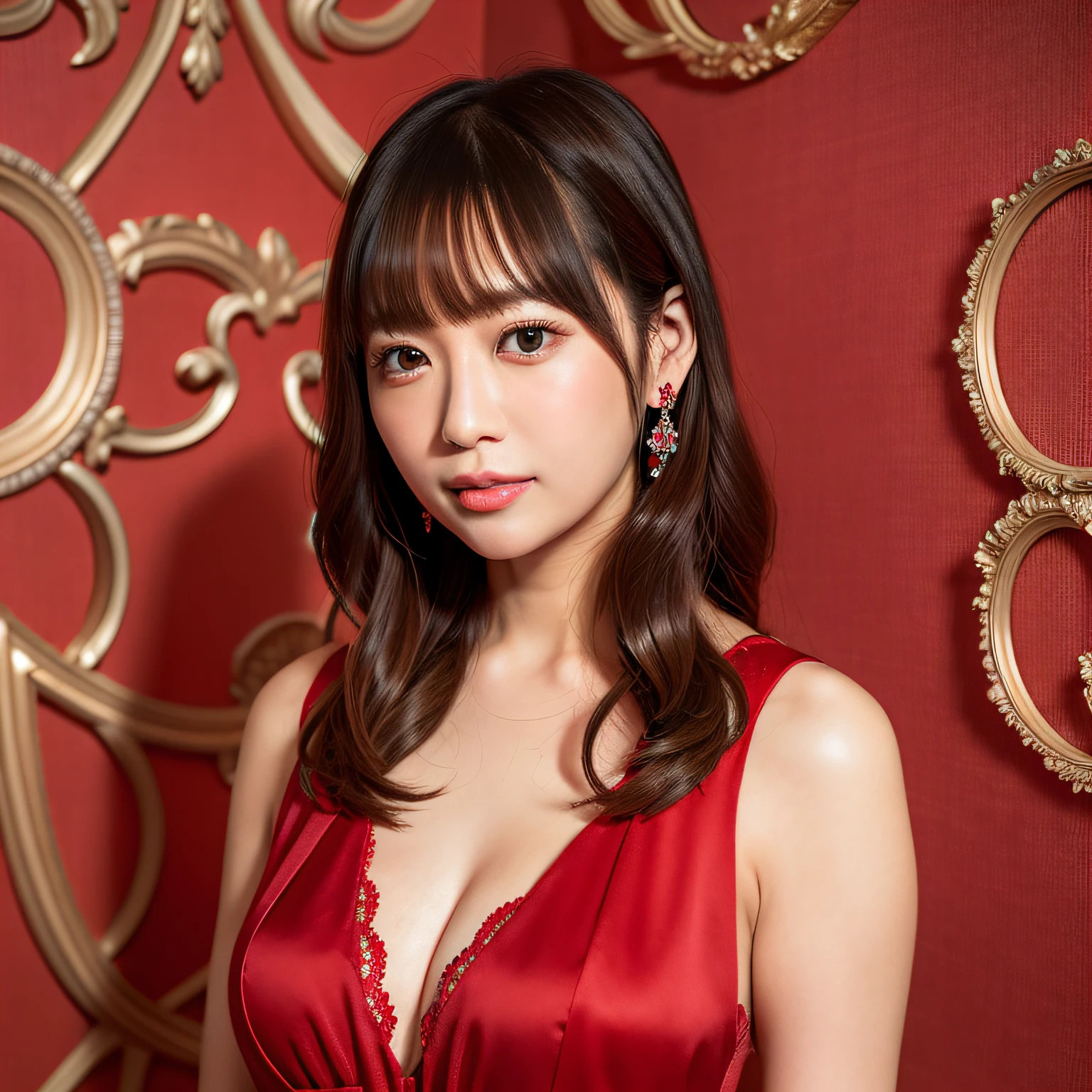 Woman in red Dress、The background is gorgeous red wallpaper studio、[photos realistic]!!,Candid flash photography、magnifica、Masa Nakayama、flash photo、Sui Ishida、Do not copy hands、adult lady、high-class sense、There are a lot of decorations