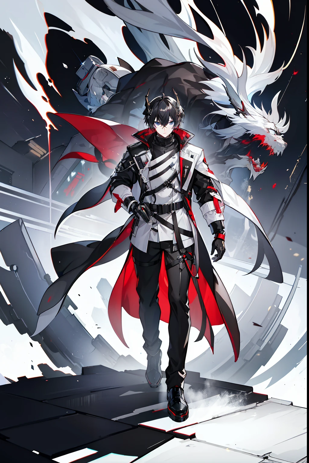 (masterpiece), best quality, solo, arknights design, arknights character, arknights style, dynamic pose, full body, arknights operator, (black hair, blue eyes), lights final toll, pogi, handsome, gwapo, medium height, scientist, researcher, doctor, medic, white flames, white fire, dragon tail, (lantern weapon, floating black lantern, catalyst, white light, white fire), (dark armor, medical help, doctor, dragon horns, horns, dark hair, white trims), dark room, gas mask, bangs between eyes, white fire background, male, white coat, grey fire, grey flame, gray fire, gray flame, paramedic, adult man, full body, blood, bloody crimson, baggy jacket, oversized jacket, long coat