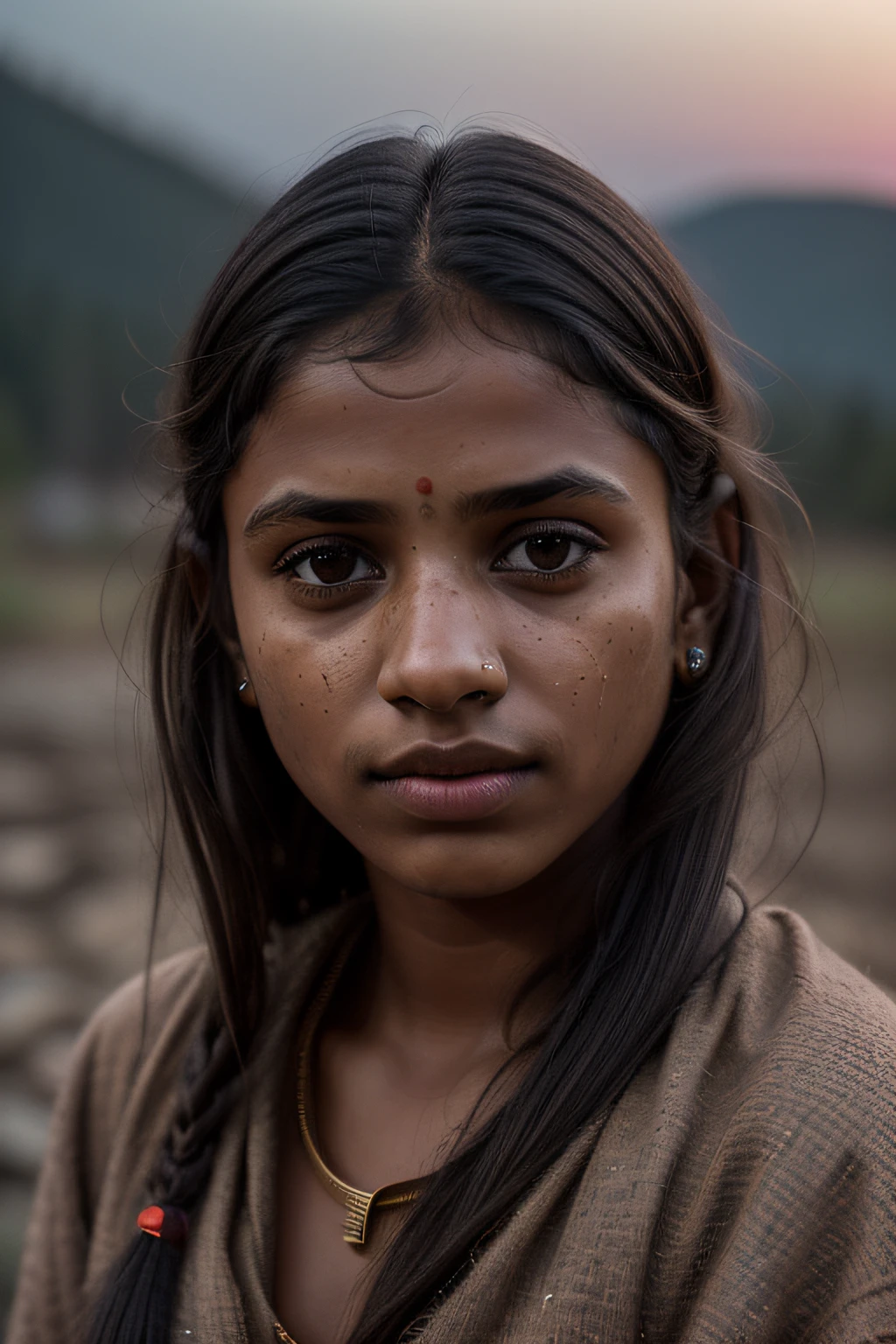 young Indian girl, dark complection, 18-year-old, ugly slum background, ,village backgound ultra hd photo, girl is sad, woman((upper body selfie,, masterpiece, best quality, ultra-detailed, solo, outdoors, (night), mountains, nature,, clear sky, analog style (look at viewer:1.2) (skin texture) (film grain:1.3), (warm hue, warm tone)  400 camera f1.6 lens rich colors hyper realistic lifelike texture