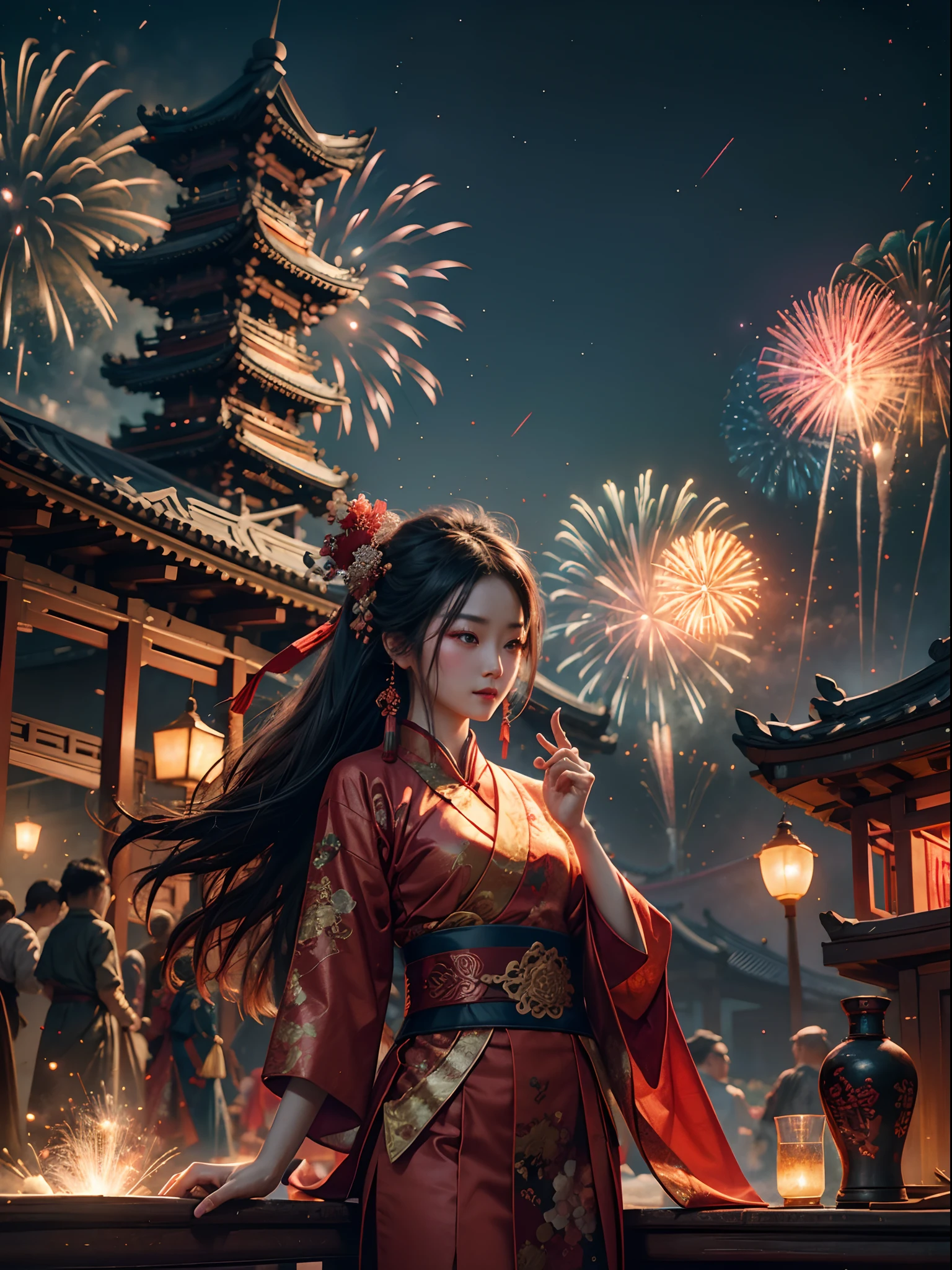 Old Chinese traditional events, happiness with beautiful fireworks red blushing lights, night vision, beautiful sky fireworks, shot with Sony Alpha A3, 8K UHD, ray tracing, Nvidia RTX 4090 rendering, DLSS 3 effects, cinematic Art work