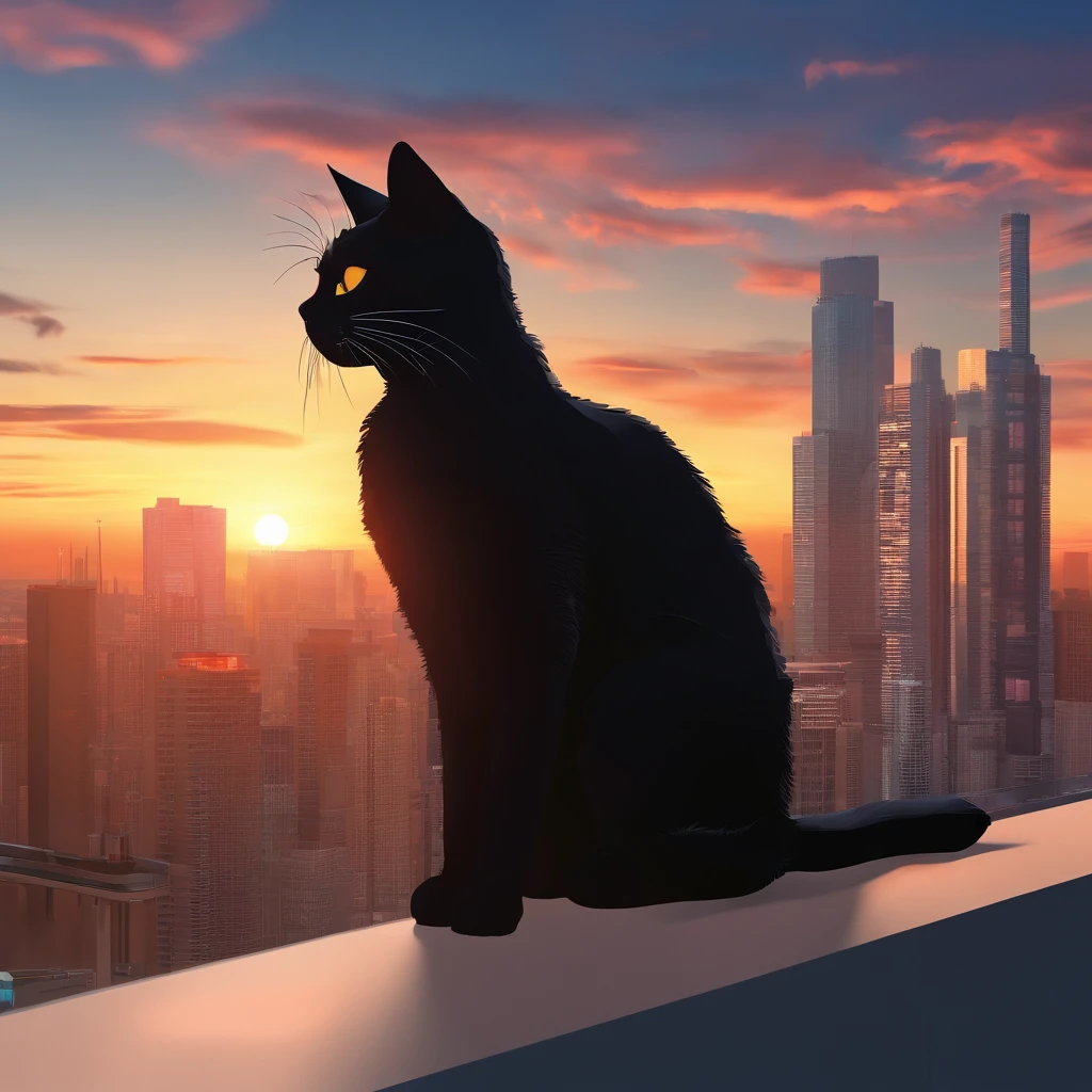 ((Best Illustration)) Black cat, Black hair, Teenage body, , black boots, Urban landscape, building, sky line, Sunset, Silhouette against the background of clouds, Contemplative.