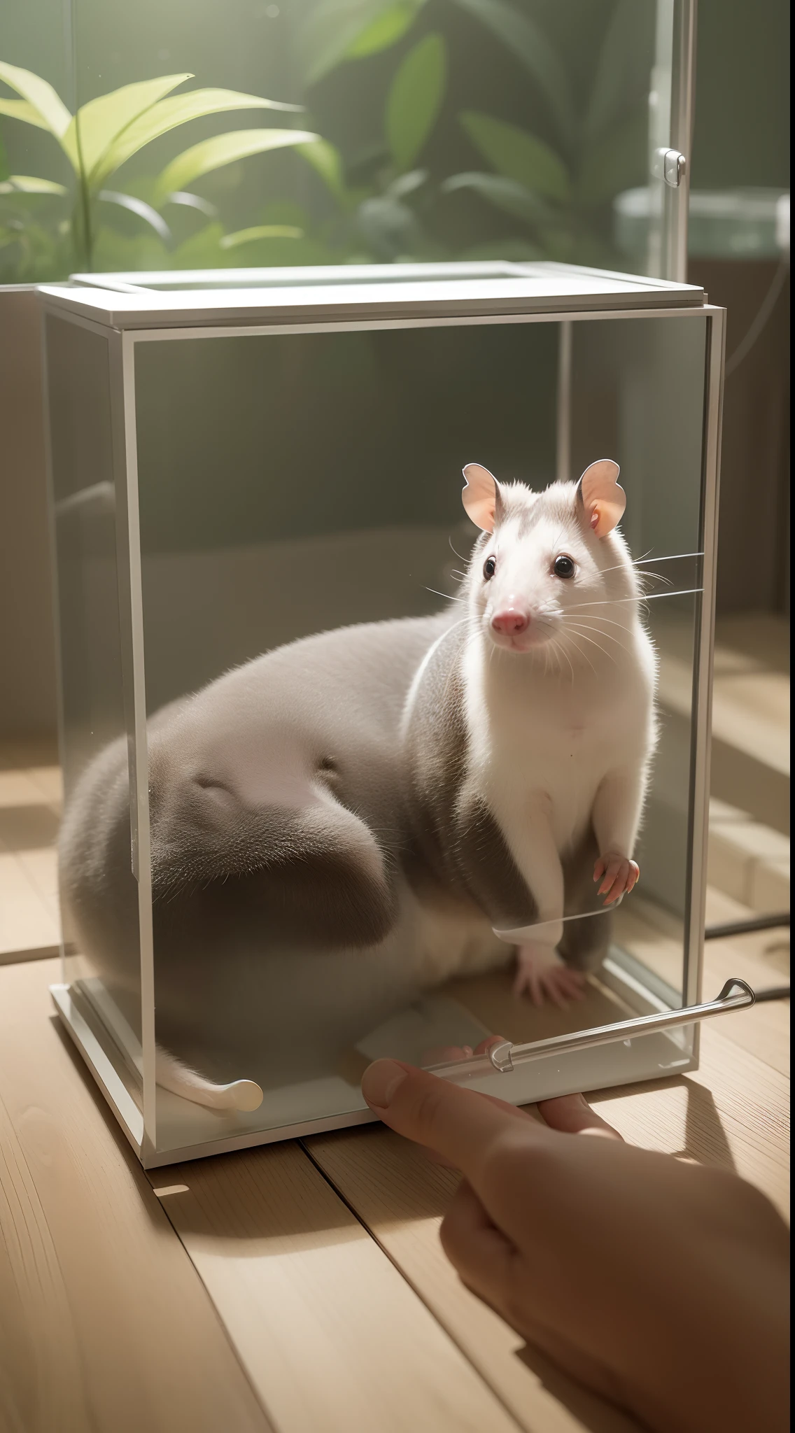 In the center of the laboratory, a custom-designed glass enclosure houses a healthy and calm opossum, serving as the focal point of the image. The opossum is relaxed and unharmed, emphasizing its remarkable resistance to snake bites. It sits comfortably on a specially designed platform within the enclosure.