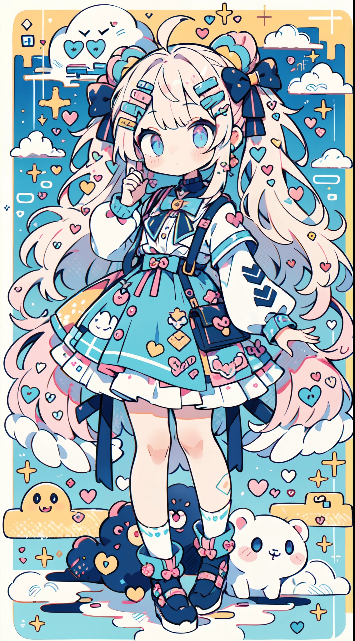 "kawaii, Cute, ((full bodyesbian、Standing picture)), Adorable girl in pink, yellow, and baby blue color scheme. She wears sky-themed clothing with clouds and sky motifs. Her outfit is fluffy and soft, With decora accessories like hair clips. She embodies a vibrant and trendy Harajuku fashion style."