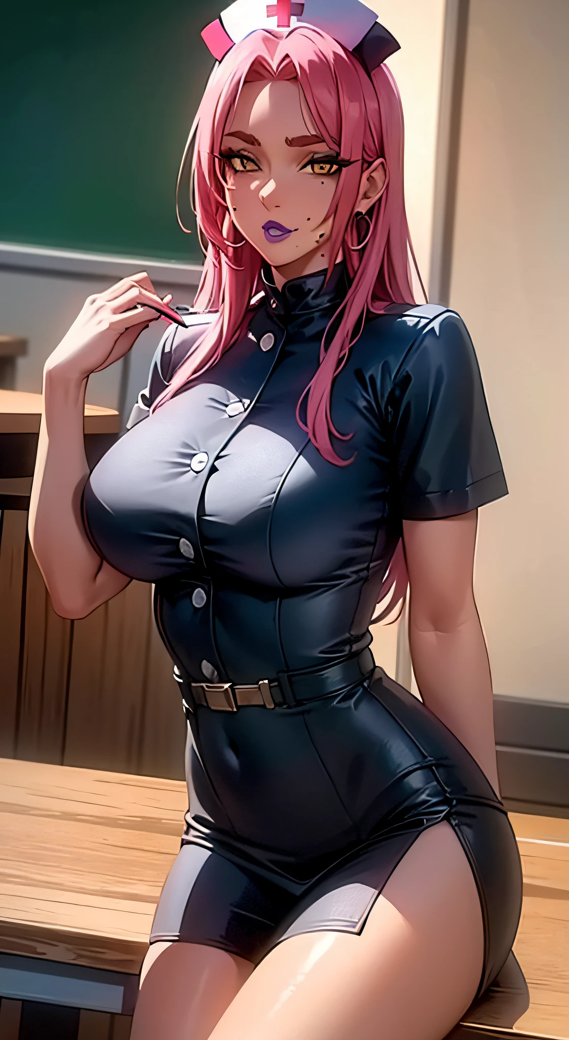 (Masterpiece, A high resolution, Best quality:1.3), 8K, Highly detailed, Intricate, Colorful, vibrant image, Sharp focus, digital blending, 4K, Popular on Pixiv Ingrid, ((Nurse's uniform)), Solo, Mature female, 40yo, A MILF, Curvy, (dark skinned female:1.15), Dark skin, posing on a, Classroom, book, book on table, sit on chair, leaning on a table, (Caring eyes:1.2), view the viewer, Cowboy shot, Pink hair, Very long hair, Forehead, hair intakes, Purple lipstick, Makeup, Moles under the mouth, Yellow eyes, Perfect eyes, Perfect face, ultra detailed hair, hyperdetailed face, Earrings, Ultra-detailed lips, Large breasts, Ultra-fine lipstick,