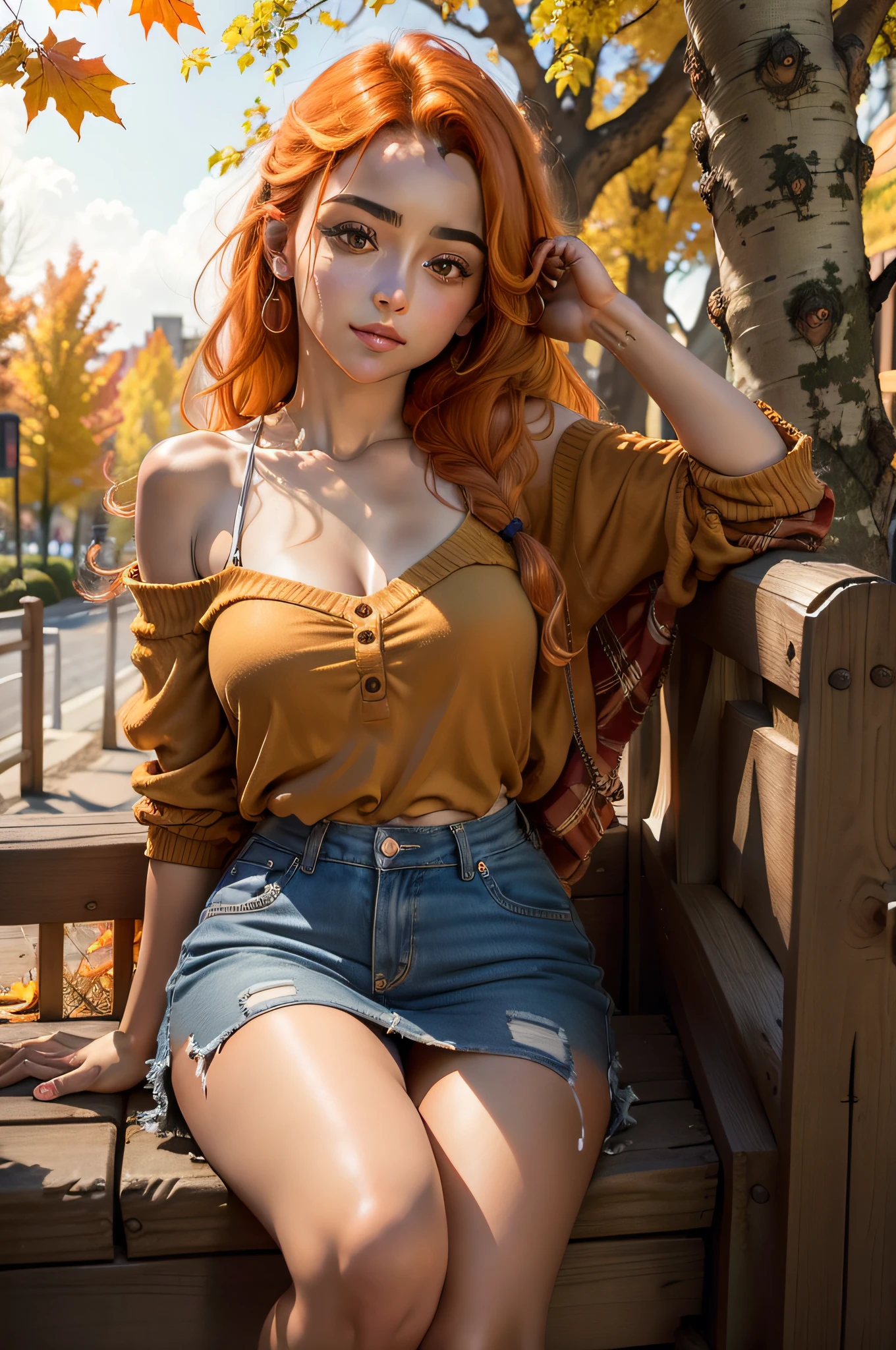 Generate an ultra-realistic image of Dilara Toprak, a 20-year-old Turkish woman, sitting by a tree in a serene fall environment. Use regular clothing and avoid cleavage. Dilara is looking down at the camera with a serene expression. She has ORANGE hair and Turkish facial features, including brown eyes. The fall foliage and environment should be realistically depicted, with vibrant autumn colors. Emphasize the ultra-realistic quality of the image, aiming for a photograph-like level of detail.