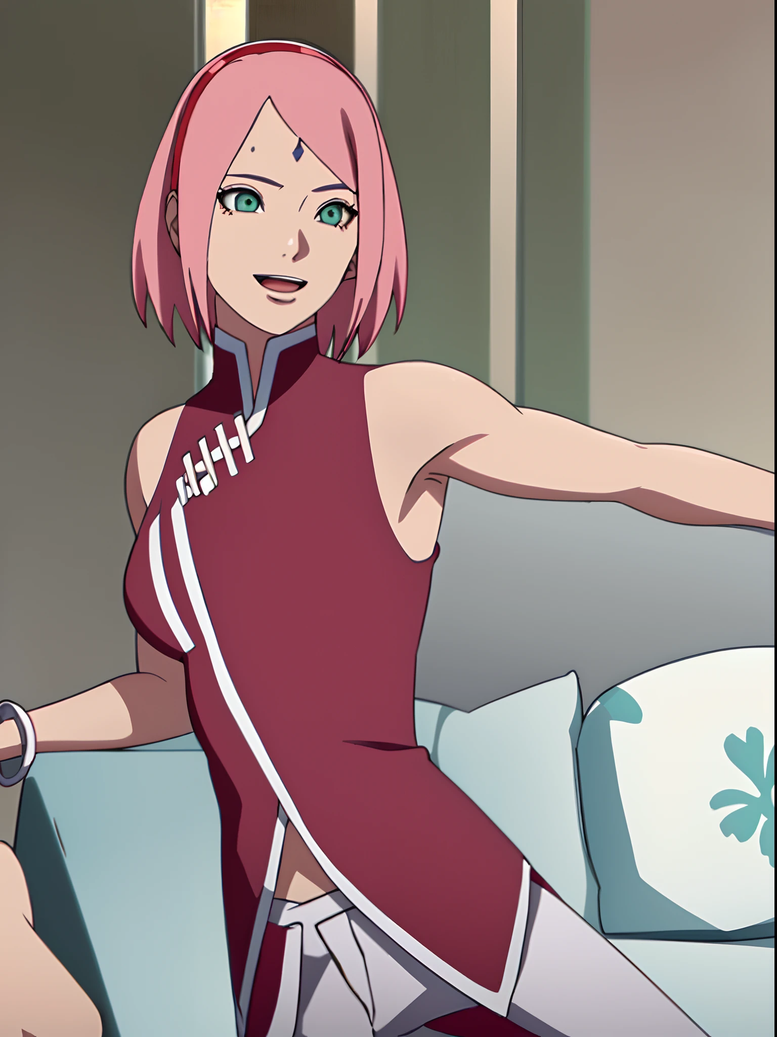 masterpiece, 4k, portrait, cowboy shot, (night), professional artwork, intricate details, colorful, digital blending, (ultra detailed body, ultra detail hair, ultra detail face), trending on pixiv, kind smile, best quality, anime style: 1.9, 1girl, hires, haruno sakura, (forehead mark, milf, red hairband, pale skin, (small breasts), short hair, ((red sleeveless dress,), white pants), (navel, belly button, slender body, slender belly, bracelet, pink hair, (open mouth), big eyes), smile, beach, wind, floating hair, detailed arms, off-shoulders, broad shoulders, (little muscular arms, little strong biceps), armpit on couch, rips, , fancy couch, relaxing, (hand leaning on couch, laying, talking, looking at the viewer, (talking while showing armpits, milf))