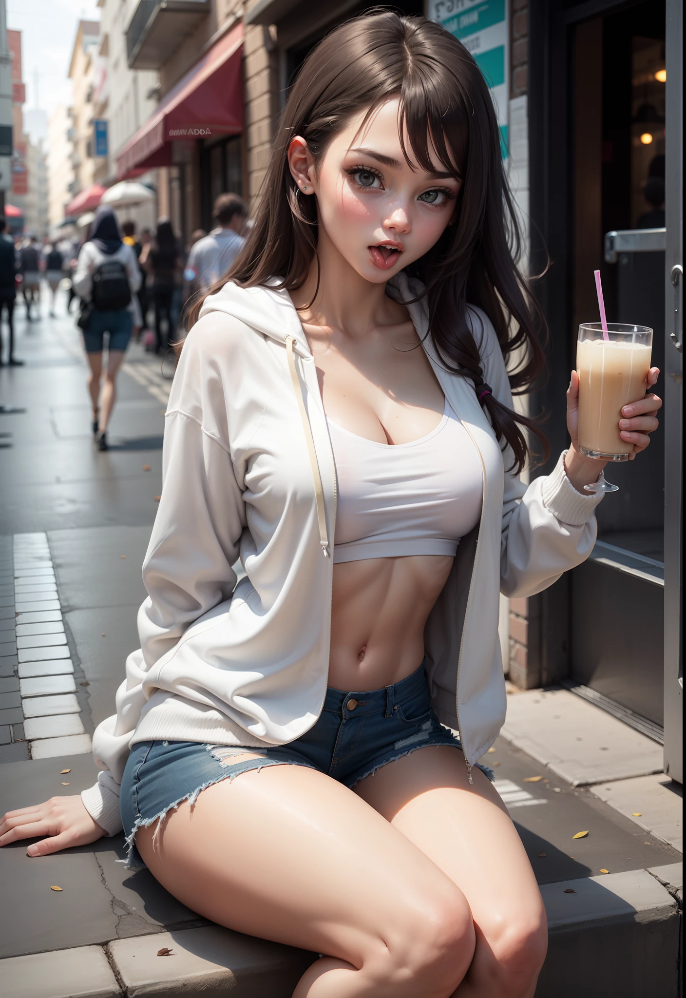 A young woman ,aitting on the street , white hoodi with top and jeen short ,lambada short under jeen short, nice sexy body, sexy position ,tongue out drinking milk