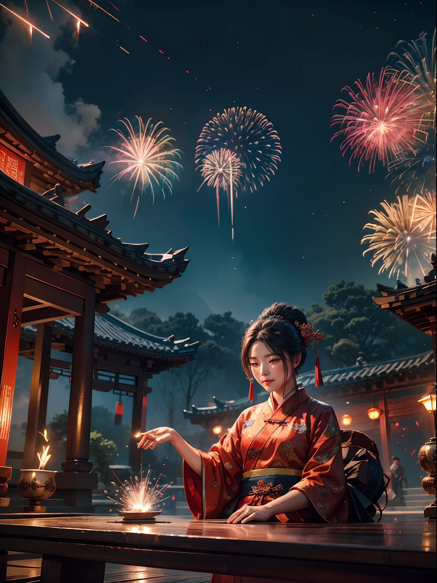 Old Chinese traditional events, happiness with beautiful fireworks red blushing lights, night vision, beautiful sky fireworks, shot with Sony Alpha A3, 8K UHD, ray tracing, Nvidia RTX 4090 rendering, DLSS 3 effects, cinematic Art work