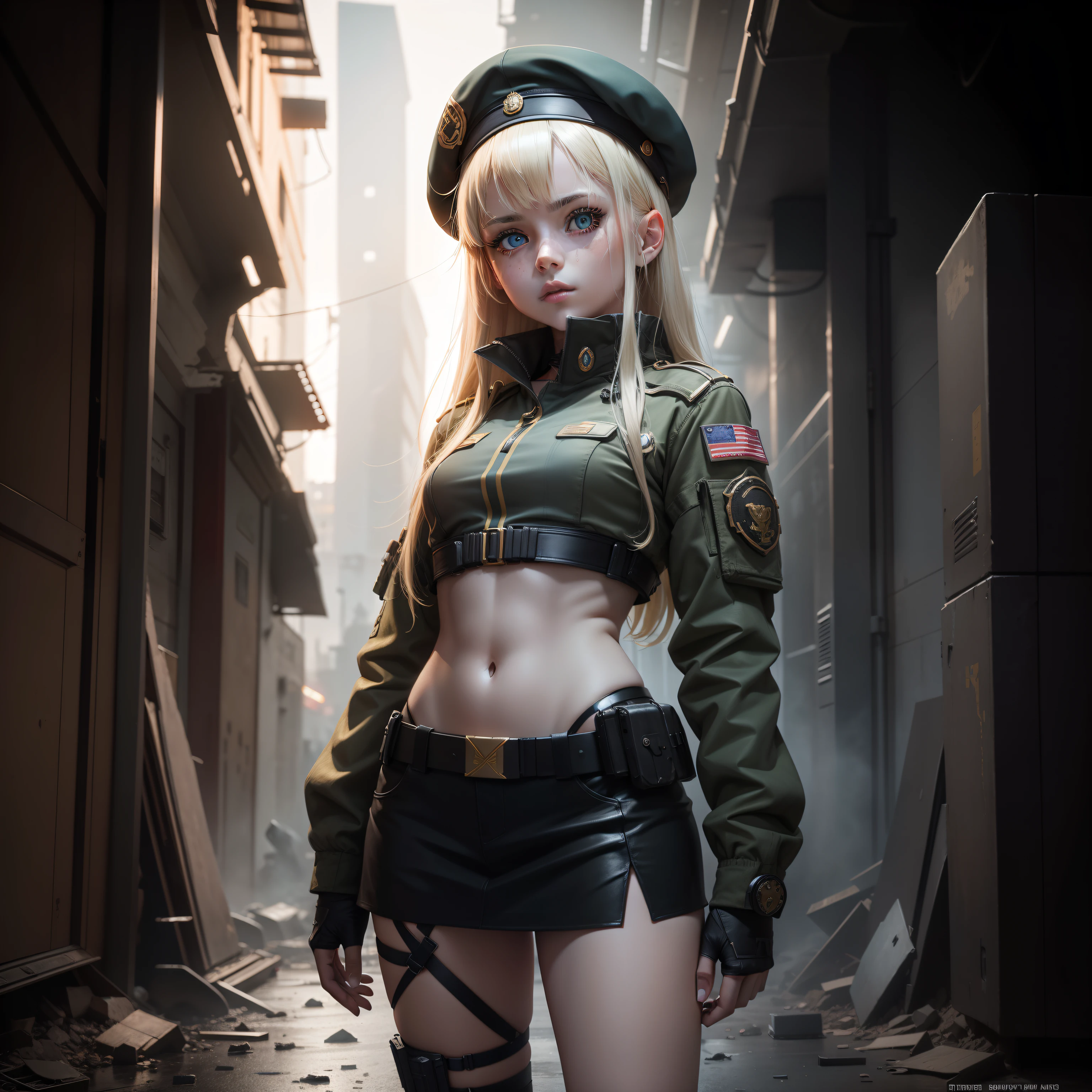 ukrainian girl , Ukrainian anime girls , , Ukraine , Full body composition of young girl with messy bright blonde hair, eye make up, , Soft lighting, Solo, Old torn dirty shabby futuristic military uniform, badges, Pose, Blotch color, Octane Render, Hyperrealistic intricate detail, Cinematic, 8K resolution, 70mm, Accent Lighting, Global Illumination, Full body portrait, clean detailed faces, intricate clothing, Cute face, flat chest, Slim waist, Slim legs, small hips,Special Forces Clothing,beret,Chest exposed,
