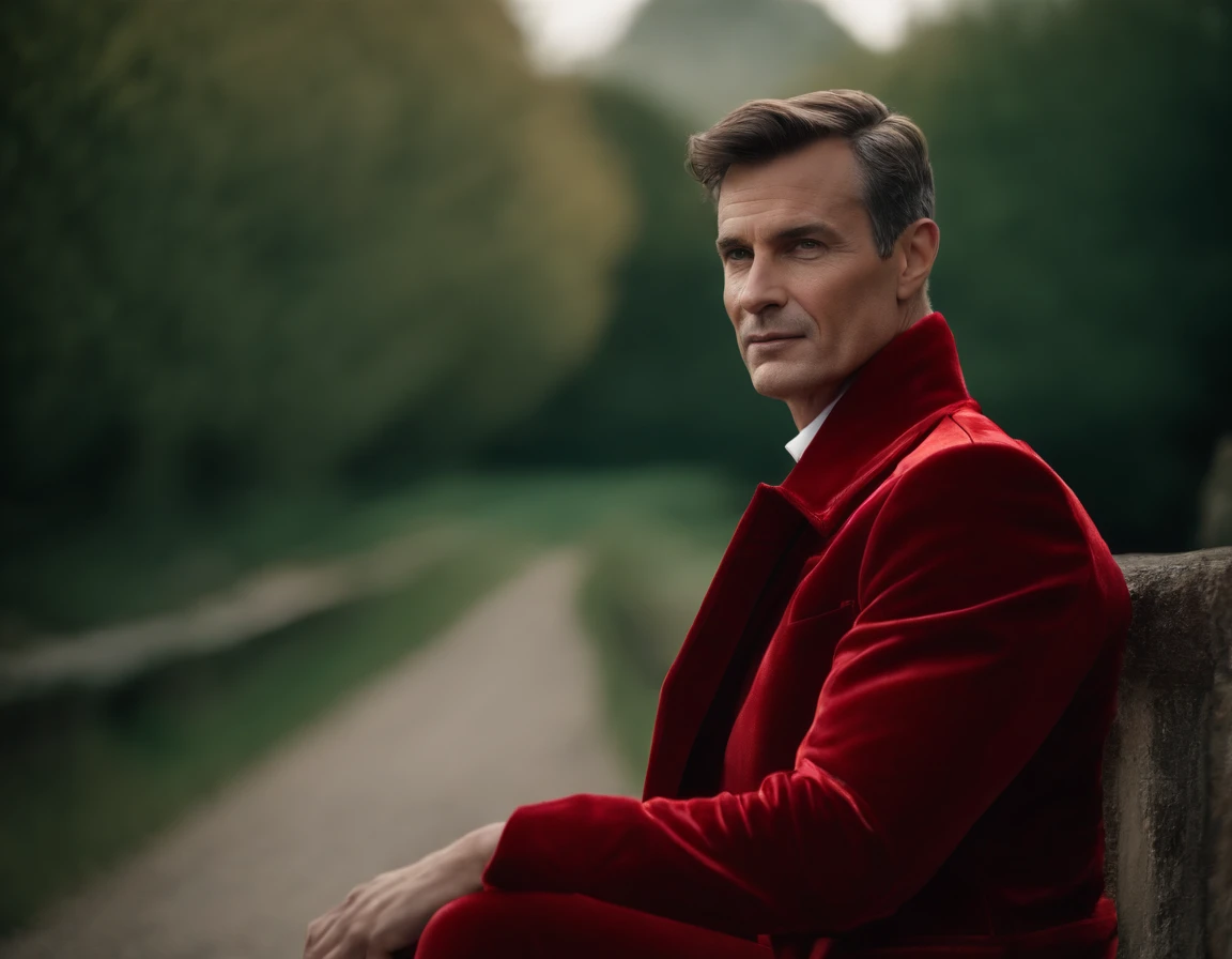 Un homme en rouge, Le style de Patrick Demarchelier. Dressed in a red velvet jacket and blue jeans , Grand et en forme, (40 ans:1.1), (shaven:1.2), (cheveux bruns courts :1.5),(very short hair:1.6). in the style of ethereal beauty, Realistic blue sky, Hasselblad 1600F, Hyperrealistic portrait, couleurs vives, Lignes dynamiques, lisse et poli .