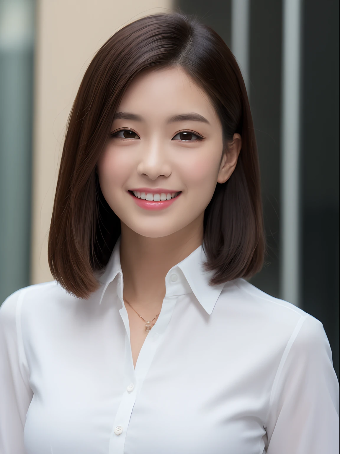 ((Best Quality, 8K, masutepiece: 1.3)), 1 girl, Smile, Full body, Slim Face, Pretty Woman, Short dark brown hair, White crisp shirt at upper body, Black straight suit pants on upper body, high-heels, Super Detailed Face, Detailed eyes, Double eyelids, Blurred background, Slim Face, highrise buildings