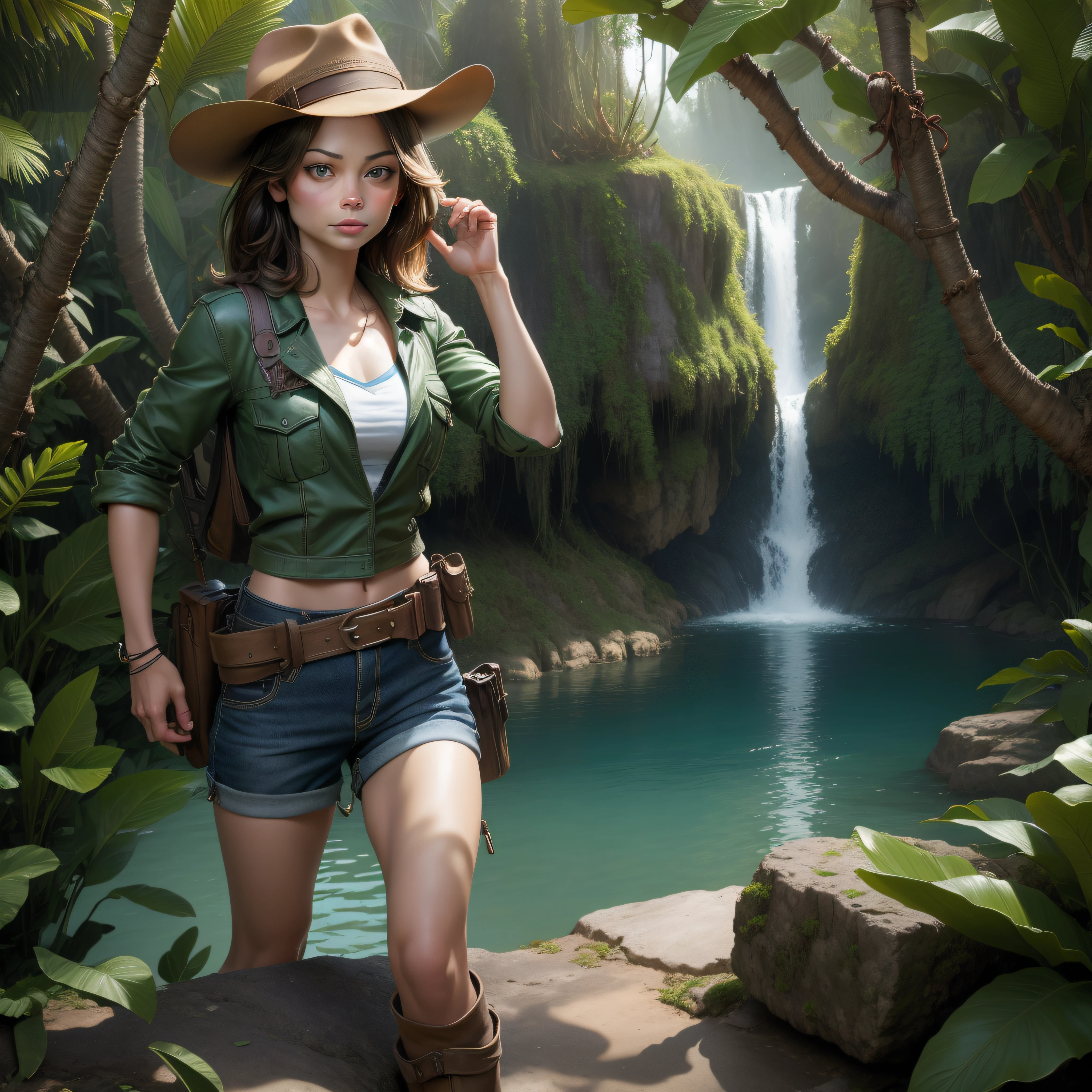 1Kristin Kreuk. en tenue d'Indiana Jones dans une jungle luxuriante avec un lac et un hydravion dans le fond. Kinematic light. extremly detailed. Jolis yeux verts.