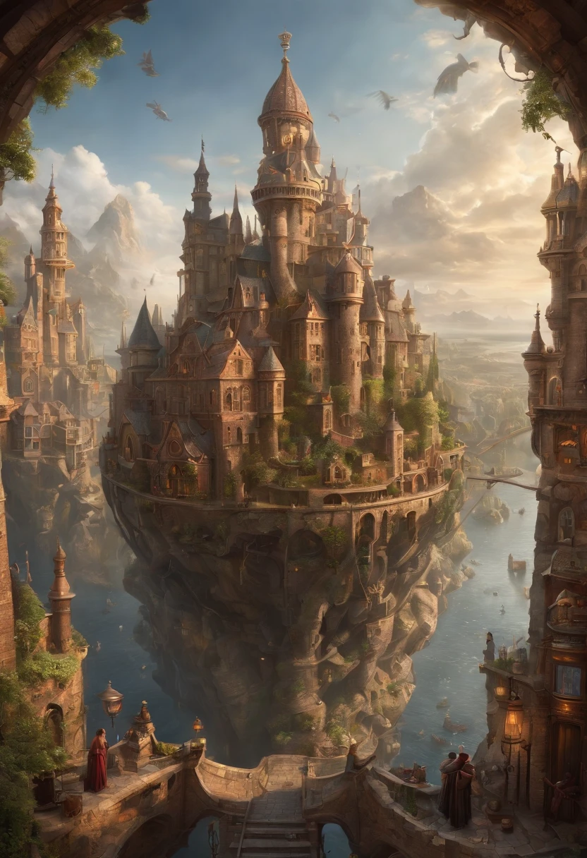 Fantasy Art, ultra wide-shot, Painting, Detailed , deviantart, contest winner, Concept art, , tim hildebrandt, Fantasy, ((((Steampunk City)))) , , Night time , , fantastic realism, art stations ,, Style of Adrianus Eversen ,Not aesthetic architecture, Movie Still,Greg Rutkowski, Creates a landscape reminiscent of an Inception movie, A place where reality becomes a labyrinth of changing architecture and gravity-defying landscapes. Embrace the surreal and mind-bending nature of the concept, Create a scene that challenges perception. Using intricate details and dynamic design、Immerse the viewer in a world where the laws of physics are rewritten. Depicts the sense of awe and disorientation evoked by the Inception film.Minced meat