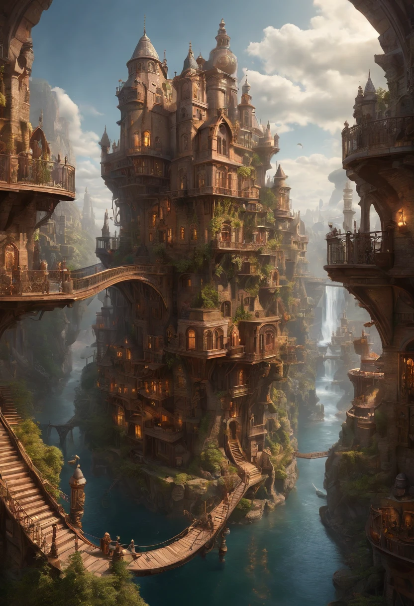 ((masterpiece)),((best quality)),((high detial)),((realistic,))
Industrial age city, bazaars,architectural streets, lake,European architecture,(Bridges:0.8), architectural streets, rainy days, steampunk, European architecture,deep canyons in the middle,mountain in distance