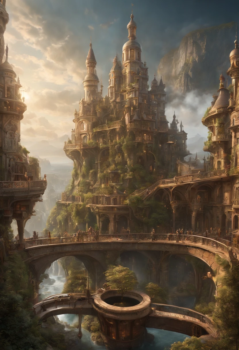 Fantasy Art, ultra wide-shot, Painting, Detailed , deviantart, contest winner, Concept art, , tim hildebrandt, Fantasy, ((((Steampunk City)))) , , Night time , , fantastic realism, art  stations ,, Style of Adrianus Eversen ,Not aesthetic architecture, Movie Still,Greg Rutkowski, Creates a landscape reminiscent of an Inception movie, A place where reality becomes a labyrinth of changing architecture and gravity-defying landscapes. Embrace the surreal and mind-bending nature of the concept, Create a scene that challenges perception. Using intricate details and dynamic design、Immerse the viewer in a world where the laws of physics are rewritten. Depicts the sense of awe and disorientation evoked by the Inception film.Minced meat