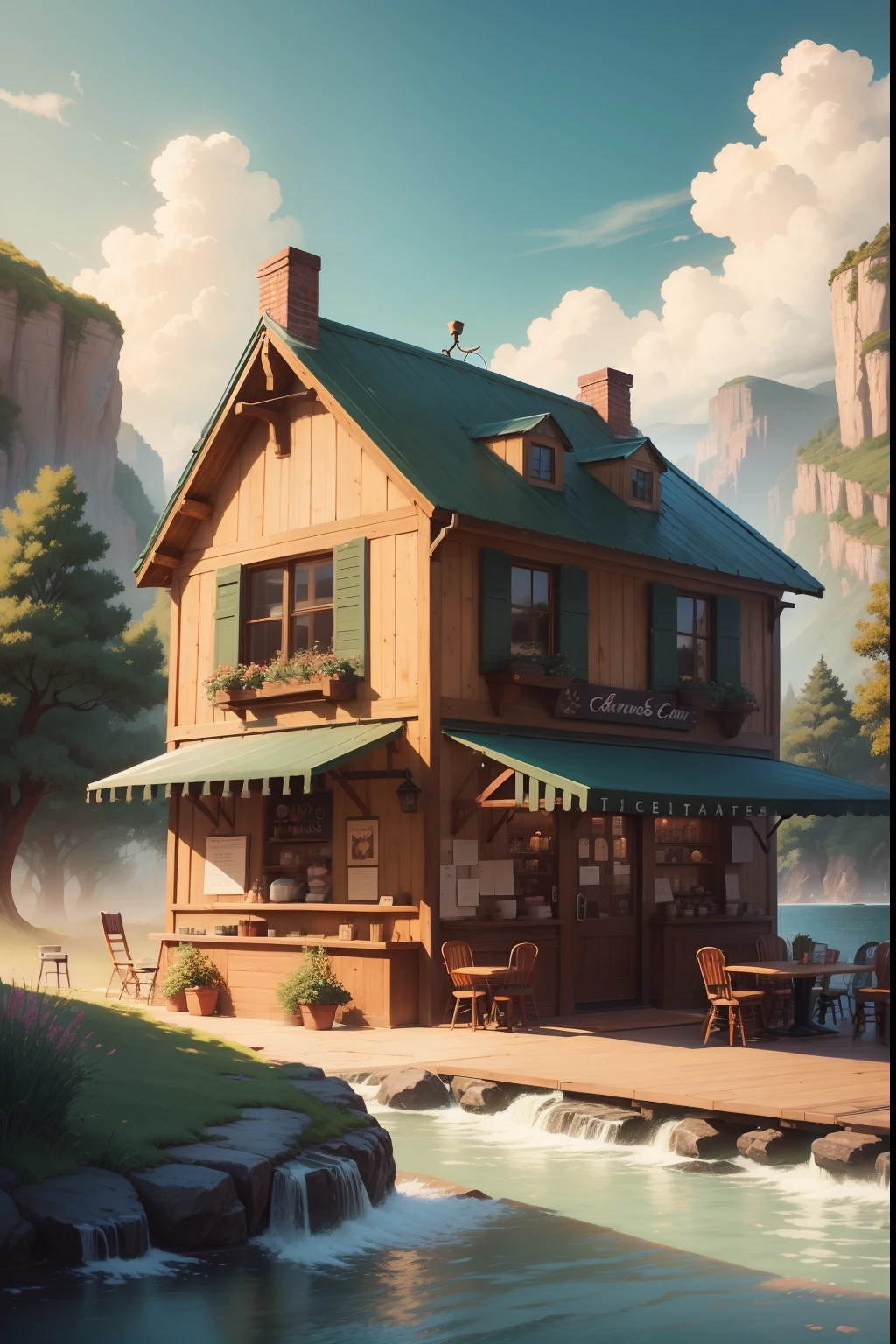 Hand-drawn style scenic cafes