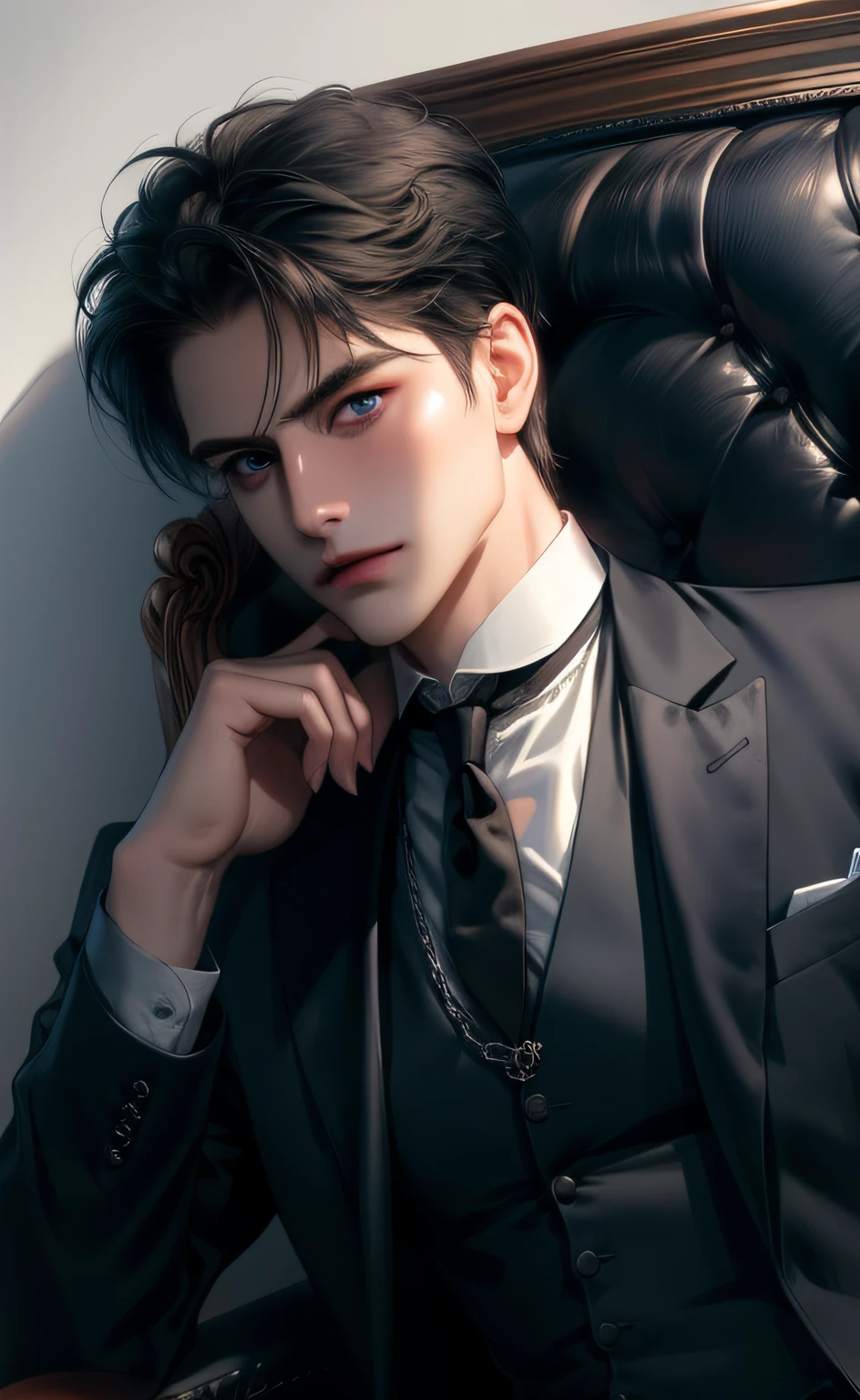 (masterpiece,best quality,ultra_detailed,highres,absurdres),1 mature male, 30-ish, (wide shoulder), (muscular), male focus, solo, short black Quiff hair with Soft Fringe (bangs part on side 3:7 ratio), chain, shirt, black necktie, necktie, simple background, blue eyes, upper body, vest, short hair, looking at viewer, no smile face, parted lips, collared shirt, round eyewear, long sleeves, hand on own shoulder, black shirt, blue background, white vest, monocle, jewelry.