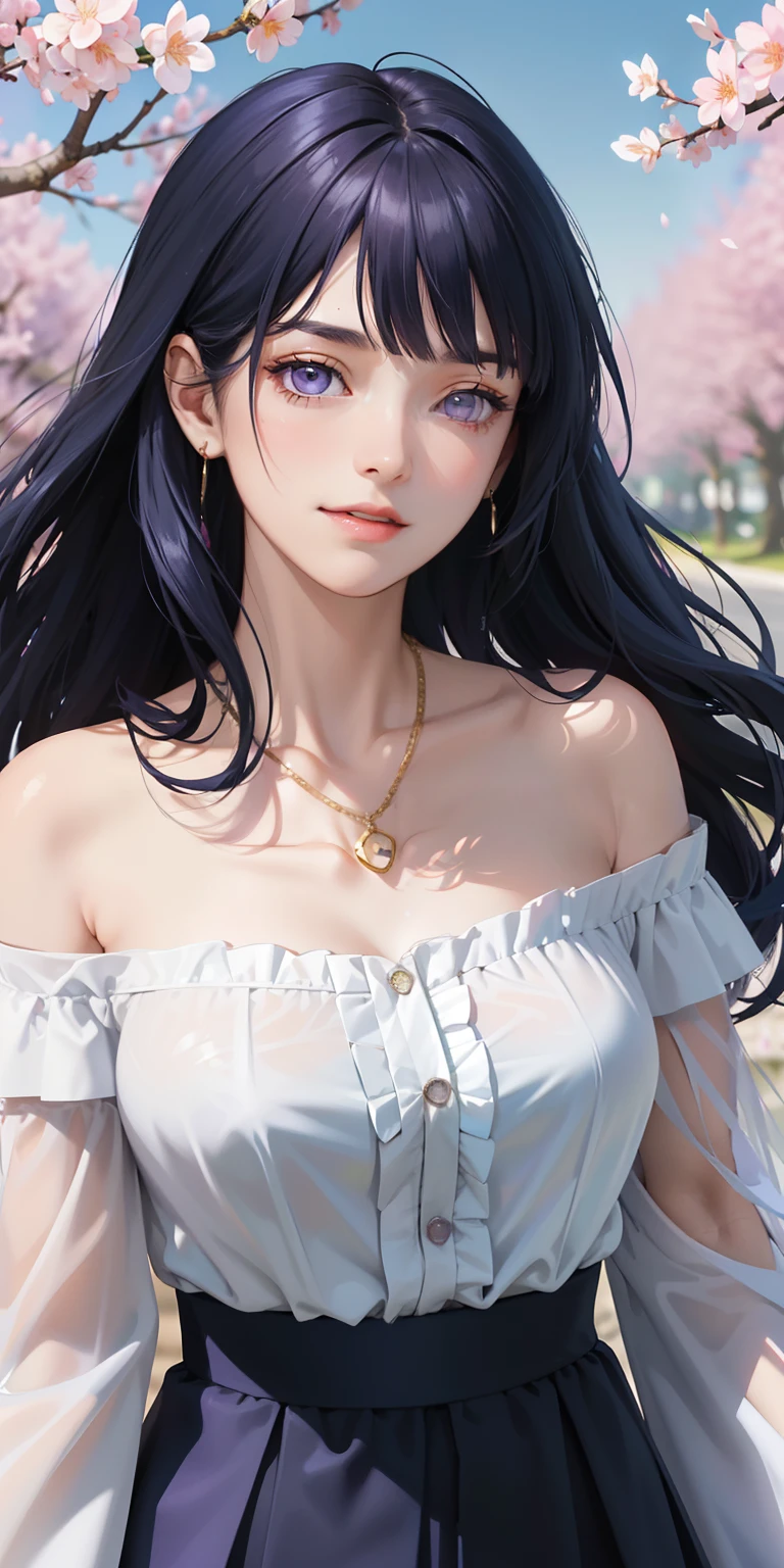 She is very beautiful and has perfect medium breasts, ((long dark blue wavy hair, hair over one eye)) purple eyes (detailed background), detailed landscape, 1girl, solo, looking at viewer, smile, skirt, shirt, neckline, bare shoulders, jewelry, collarbone, white shirt, outdoor, necklace, off shoulder, bracelet, (masterpiece), (best quality), (ultra detailed), (highly detailed), (detailed face) ) petals, cherry blossoms, she is in dynamic pose exuding passion,long dark blue hair, Blunt Bangs, purple eyes