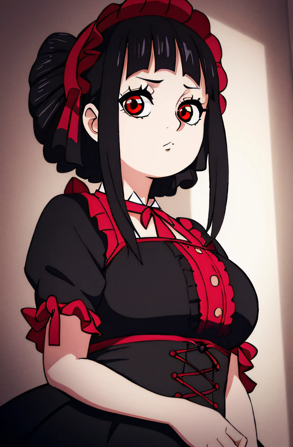 1girl, wanostyle, black hair, red eyes, curvy, fat, gothic lolita, lolita dress solo, upper body, ((masterpiece)), (best quality), (extremely detailed), depth of field, sketch, dark intense shadows, sharp focus, soft lighting, hdr, colorful, good composition, anime screencap