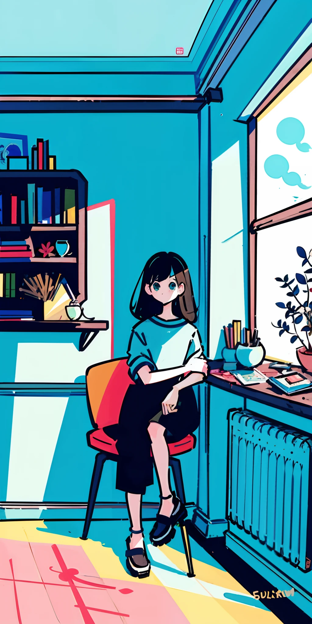 there is a girl sitting at a chair, lo-fi illustration style, flat illustration, cute illustration, daily life, in style of digital illustration, in an aquarium alone, a beautiful artwork illustration, hand painted cartoon art style, spring day, summer day, alone in an aquarium, painting illustration, simple and clean illustration, day time