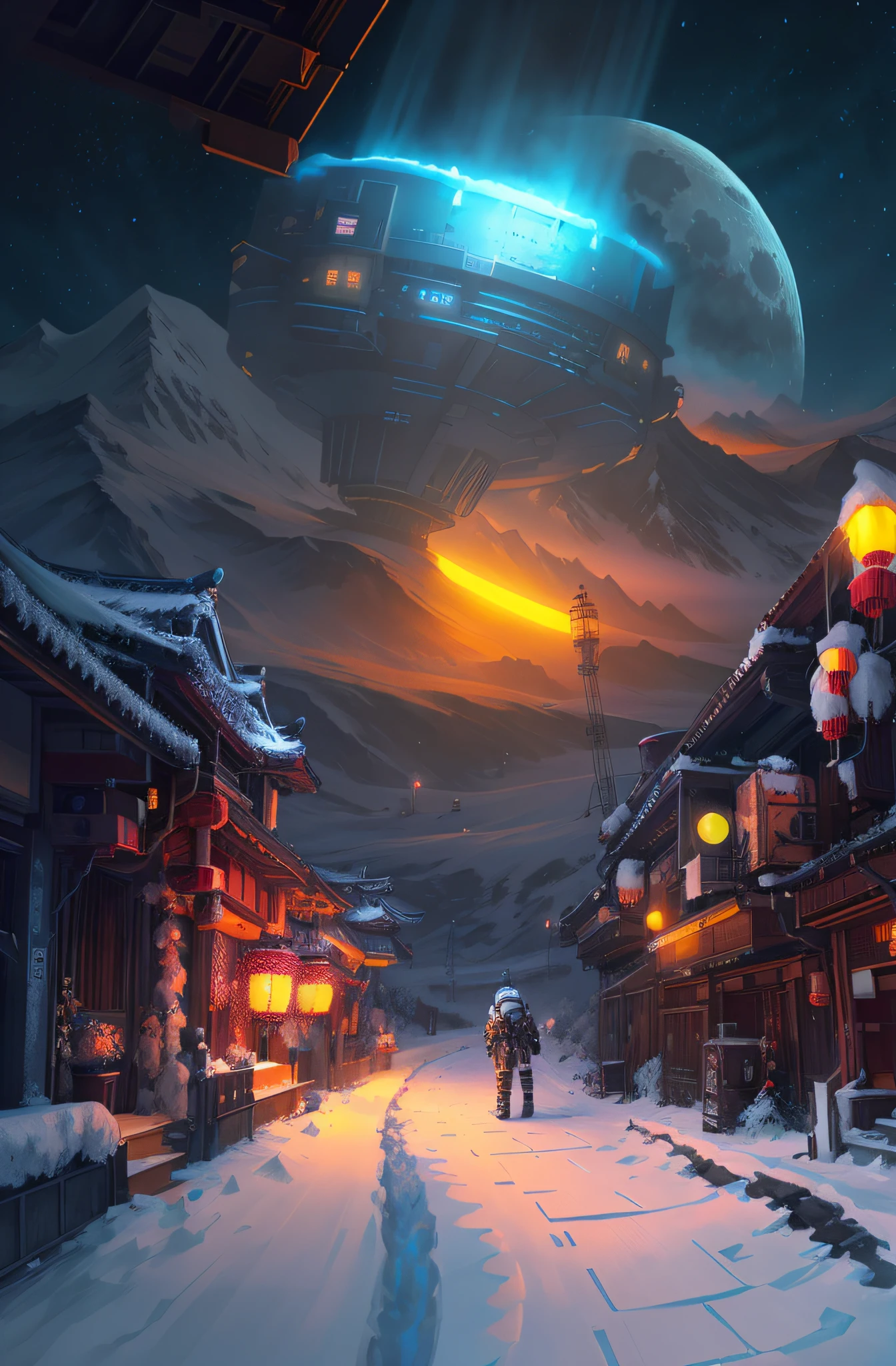 sci-fy,Moon,starrysky,snow mountains,sense of science and technology,makina,conceptual drawing, cyber punk style,Concept art for the game, Lanterns,The sky is snowing,stray,The astronaut,pandas,Original Drawing,lamplight,,snow mountains,Chinese architecture,High-precision illustration,SENSE OF CINEMA,the detail,