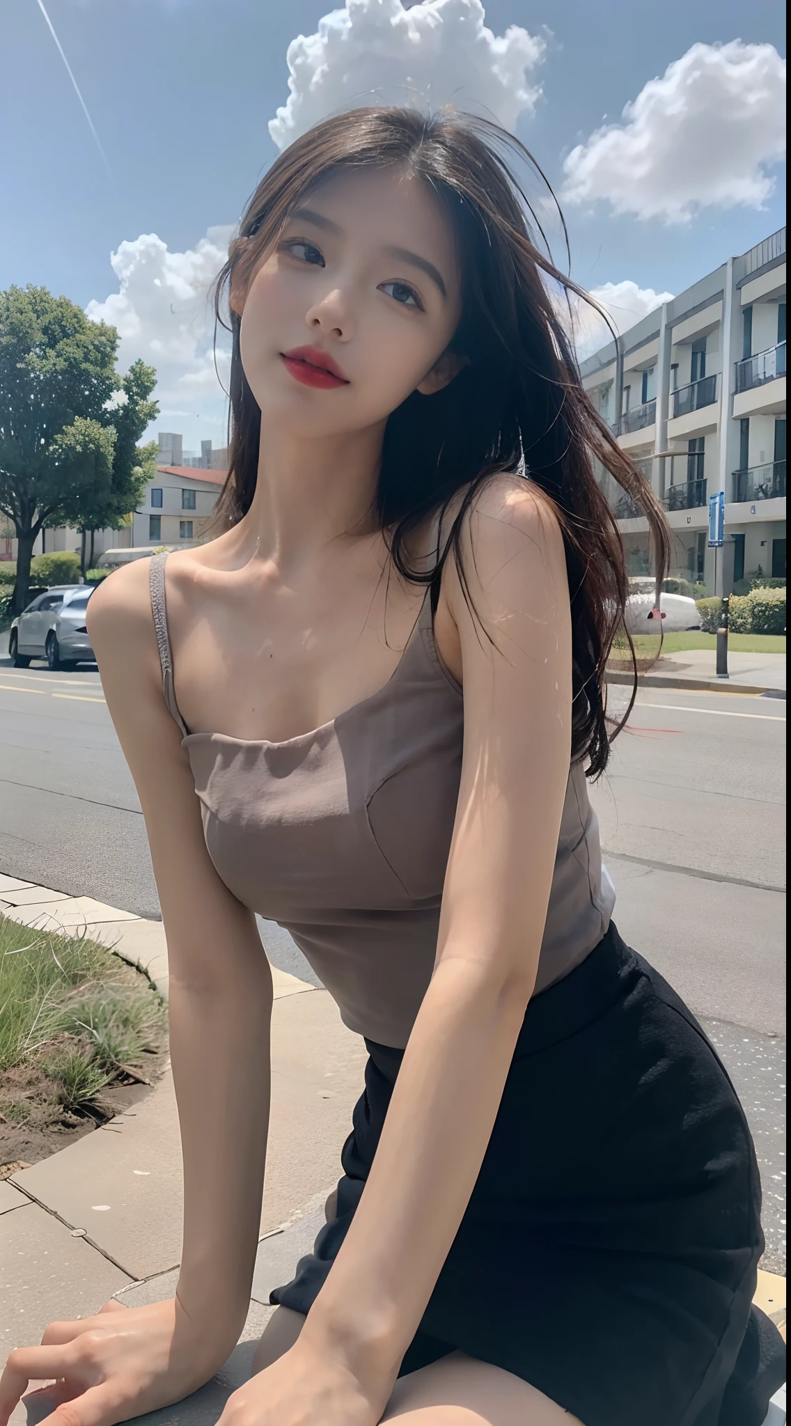 ((best qualtiy, 8K, tmasterpiece:1.3)), A pretty maiden,Pure,Melon seed face,gentle and cute,A sweet smile,Pure desire,Thin stature,(frontage),(Tilt your head),staring right into camera,uniform, Obi, formal,Black silky long, Straight hair,Long hair flowing over the shoulders,round black big eyes,Clear big eyes,Hydrated red lips,Sweet,Sit by the road,with blue sky and white clouds,Blue skies,grassy fields,Buildings,