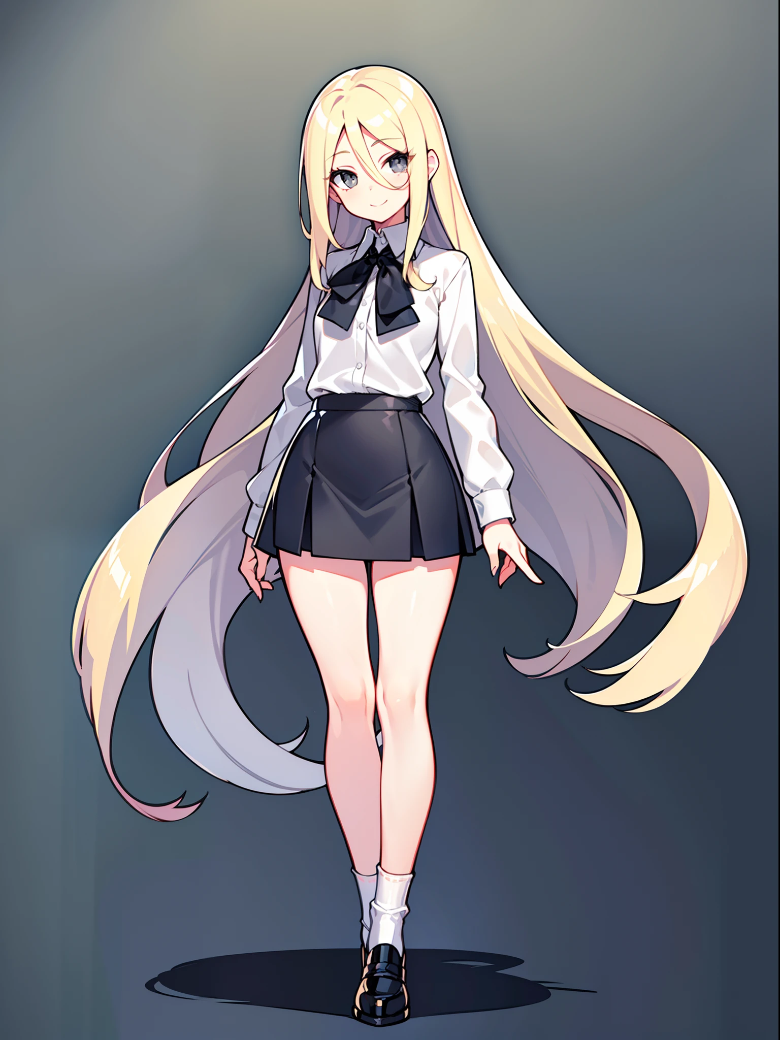 Modest, Shy, Cute, smart, blonde , straight long hair to the middle of the back; Nice friendly look, large grey eyes, long eyelashes; Kind smile, Friendly posture, shapely body, Almost flat chest; narrow hips; Elegant School Uniform (white shirt and black knee-length skirt); full body photographed; high quality textures, higly detailed