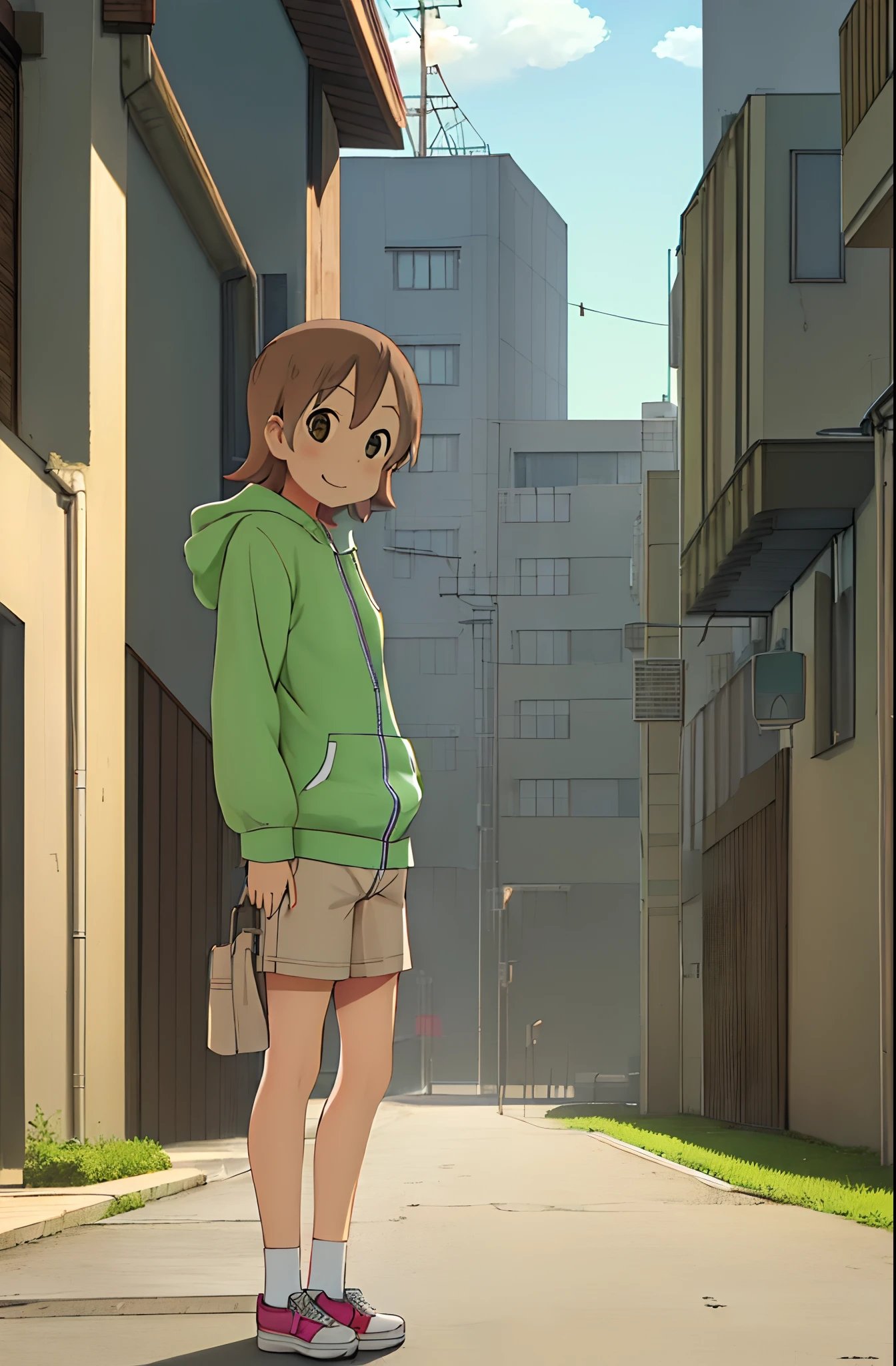 masterpiece, ncjstyle, looking at viewer, smile, aioi yuuko,, unzipped light green hoodie, white t shirt, short pants, brown sling bag, shoes, socks, small breasts,, 1girl, brown hair, short hair, brown eyes, solo,, cloudy sky, town, electric poles, city fences, depth of field, background