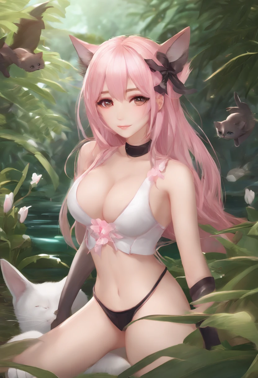 masterpiece, best quality, long hair, pink hair, low-tied long hair, bangs pinned back, light blush, black eyes, medium breasts, bikini_top, dolphin shorts, bare legs, black thighhighs, cat_pose, 3girls, day, angel, game_cg,