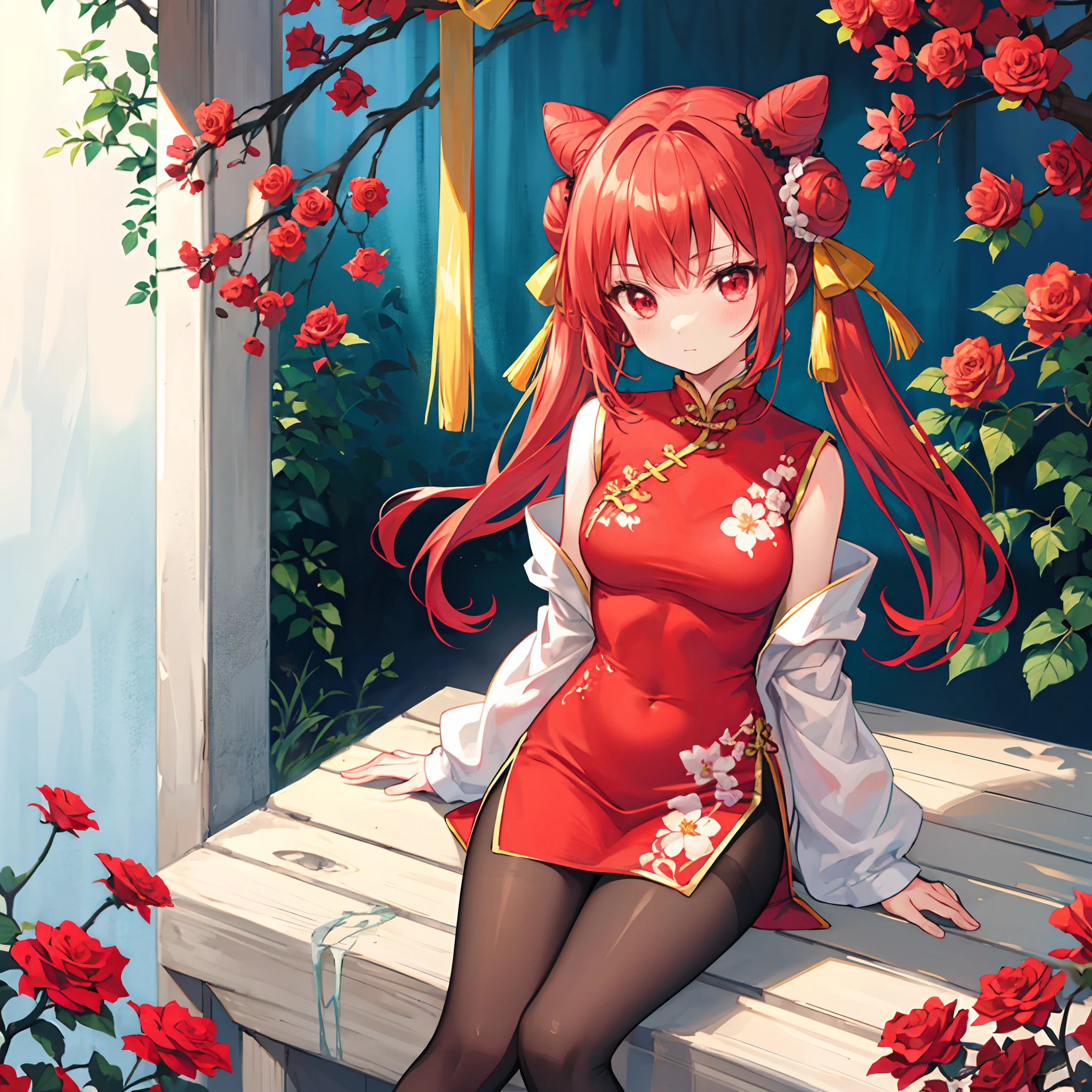Redhead bun、red eyes、Beautiful girl alone、chinese clothes、Black tights、Bright red rose garden、sitting on