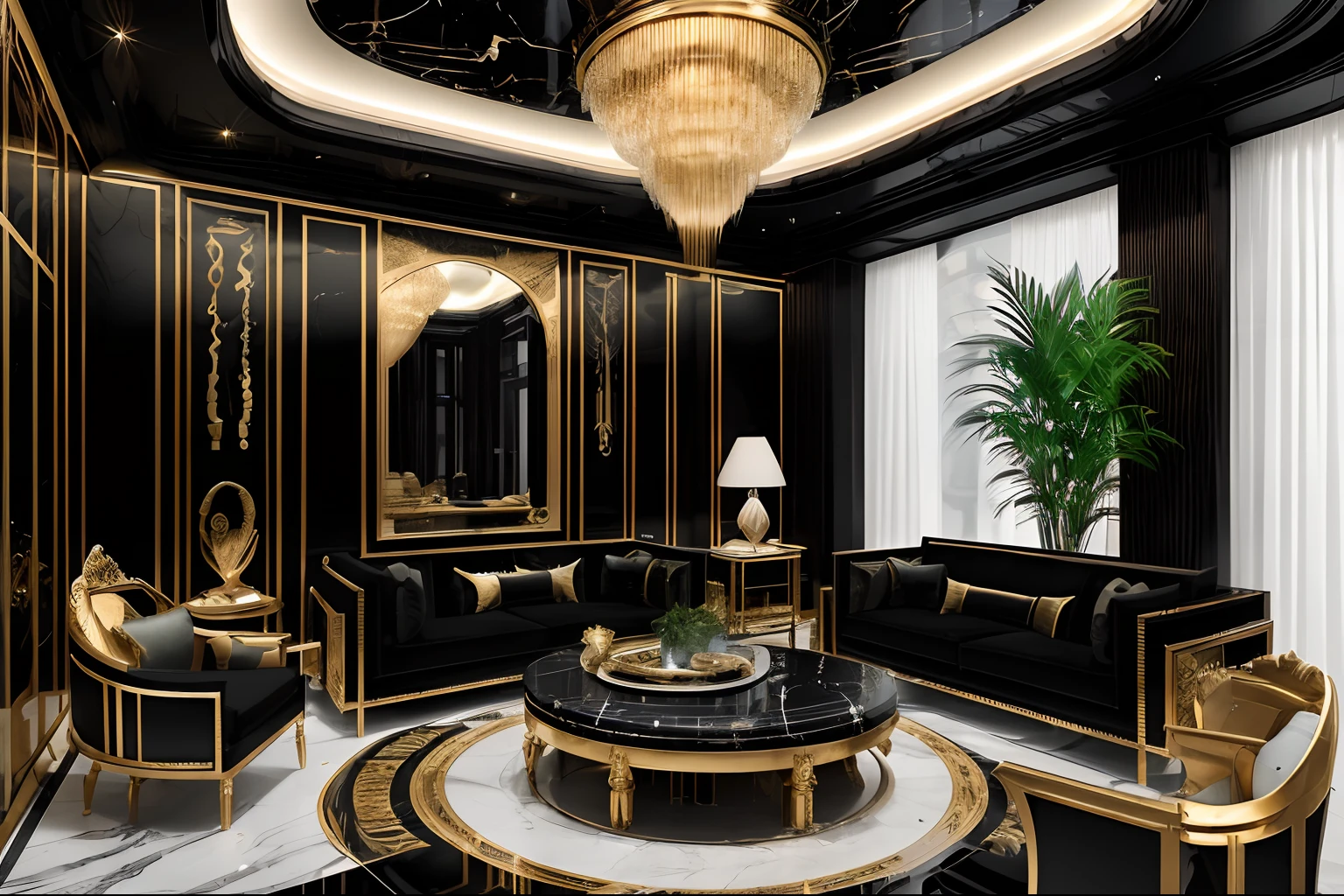 Luxury futuristic living room interior in incredible black in ancient Egyptian style ((lush verdant plants)) (The lotus flowers), ((Palm trees)), paredes rochosas, (Sand), ((falls)) (marble), ((precious minerals)), ((metals)), (Pedras preciosas), crystalline, clouds and ((Water)), ((Highly decorated ornate fine furniture made of gemstones)), crocodiles, (hyeroglyphics), (((ultra luxury))), (black marble) – with ((Beautiful lights)), Unreal Engine, corporate offices, 16 K