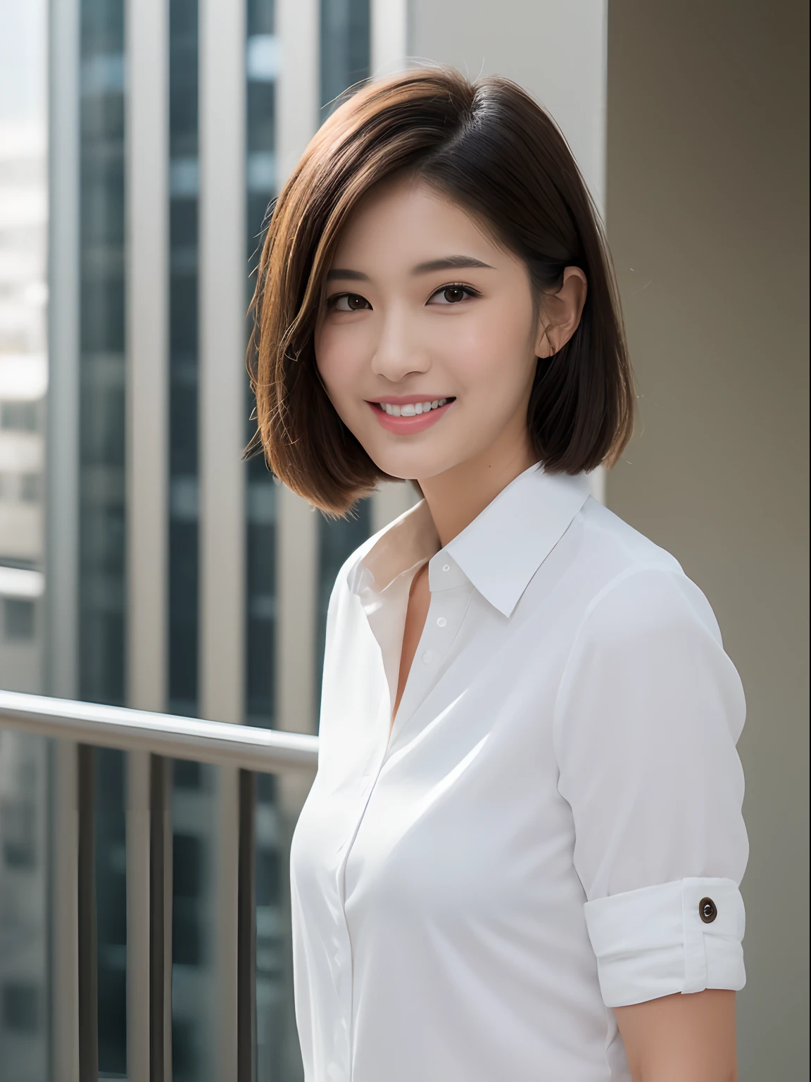 ((Best Quality, 8K, masutepiece: 1.3)), 1 girl, Smile, Full body, Slim Face, Pretty Woman, Short dark brown hair, White crisp shirt at upper body, Black straight suit pants on upper body, high-heels, Super Detailed Face, Detailed eyes, Double eyelids, Blurred background, Slim Face, highrise buildings