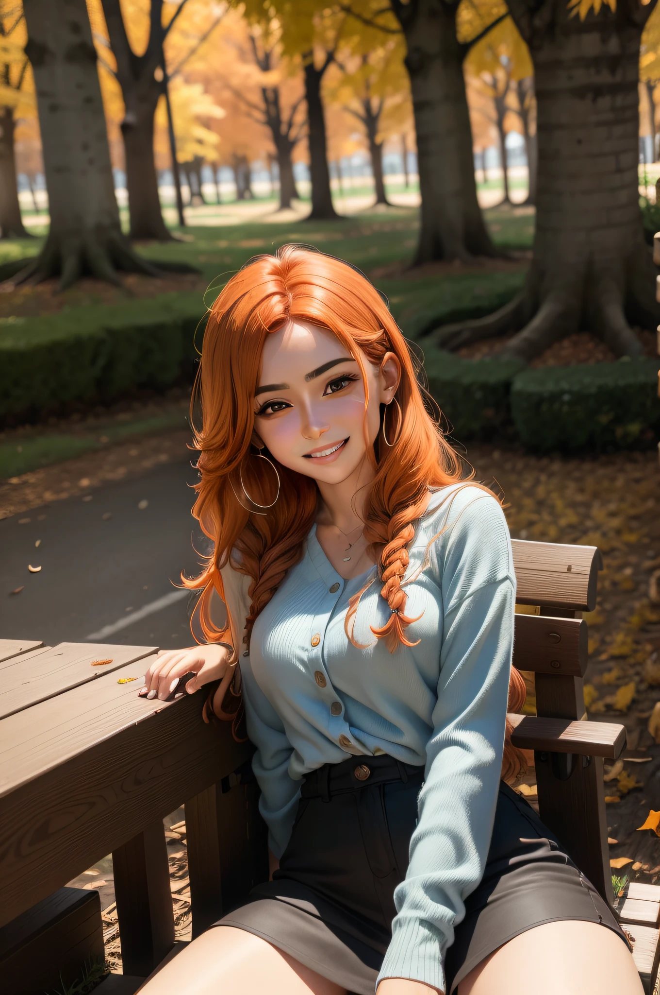 Generate an ultra-realistic image of Dilara Toprak, a 20-year-old Turkish woman, sitting by a tree in a serene fall environment. Dilara is laughing wildly with unrestrained joy. She has orange hair and Turkish facial features, including brown eyes. The fall foliage and environment should be realistically depicted, with vibrant autumn colors. Emphasize the ultra-realistic quality of the image, aiming for a photograph-like level of detail.