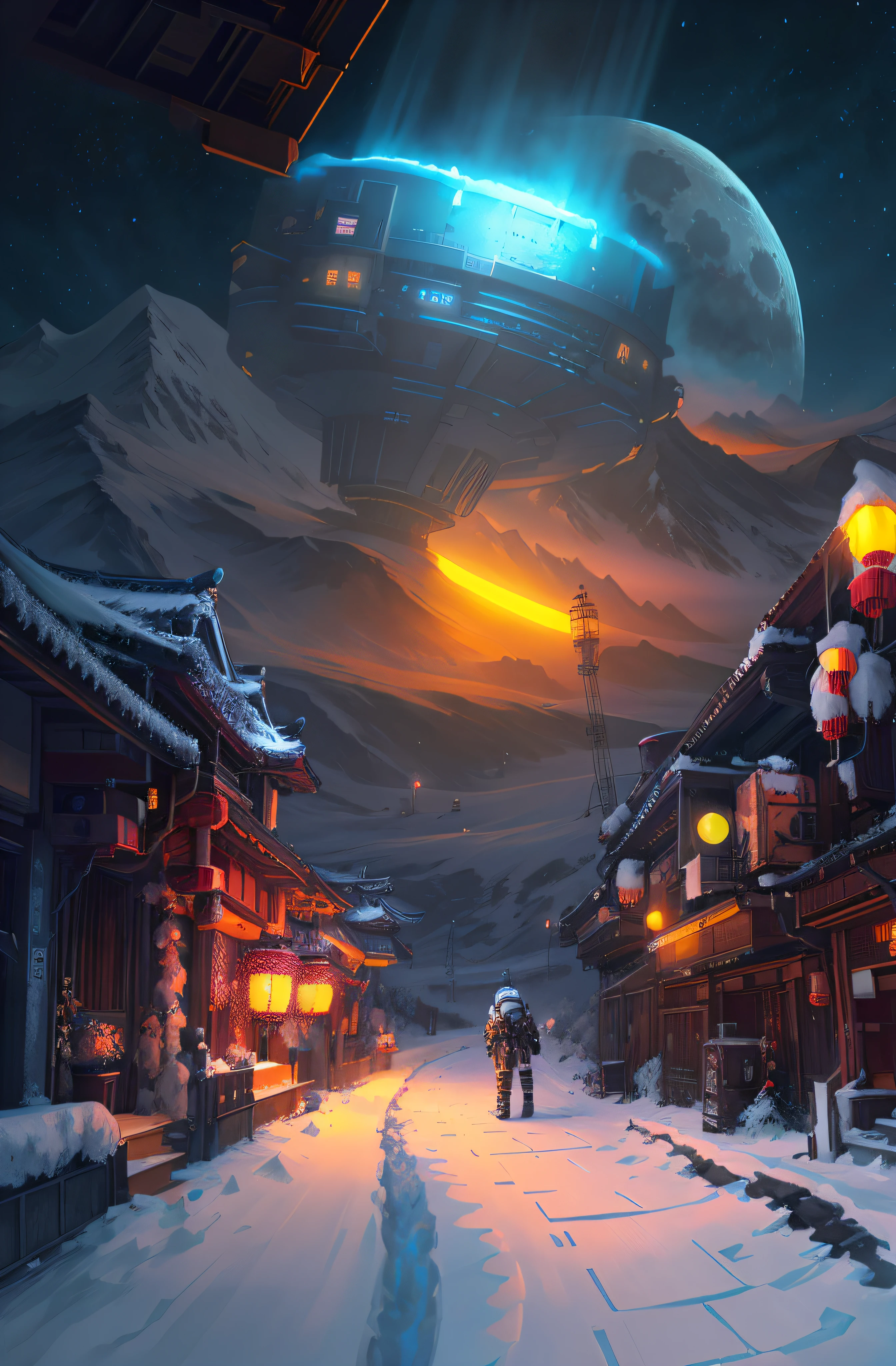 sci-fy,Moon,starrysky,snow mountains,sense of science and technology,makina,conceptual drawing, cyber punk style,Concept art for the game, Lanterns,The sky is snowing,stray,The astronaut,pandas,Original Drawing,lamplight,,snow mountains,Chinese architecture,High-precision illustration,SENSE OF CINEMA,the detail,