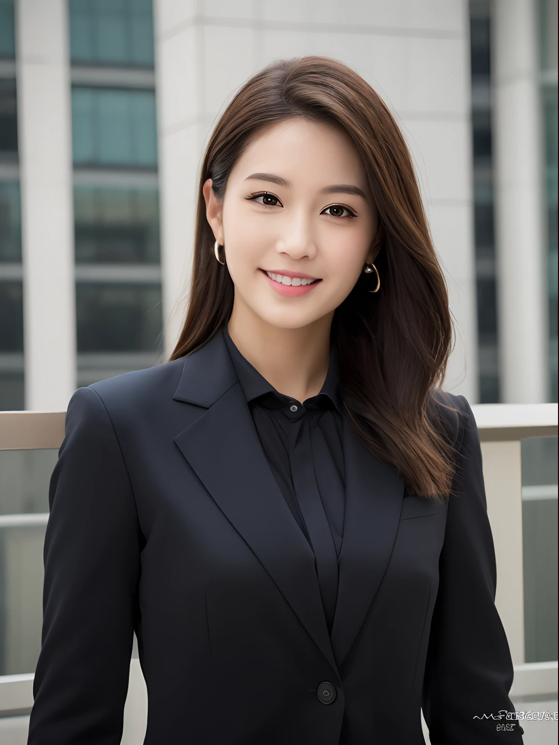 ((Best Quality, 8K, masutepiece: 1.3)), 1 girl, Smile, Full body, Slim Face, Pretty Woman, Short dark brown hair, White crisp shirt at upper body, Black straight suit pants on upper body, high-heels, Super Detailed Face, Detailed eyes, Double eyelids, Blurred background, Slim Face, highrise buildings