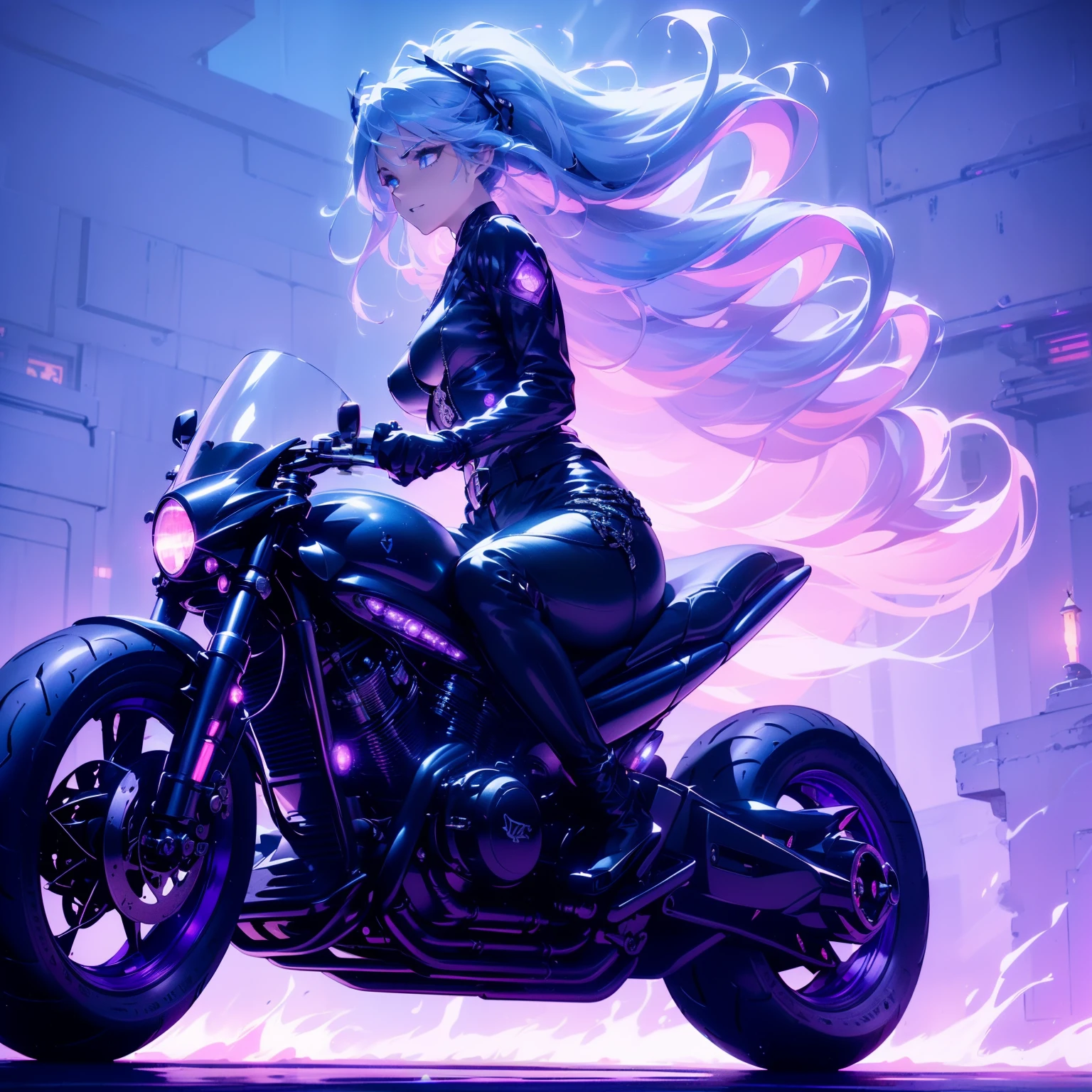 (masterpiece, best quality, photorealistic, cinematic), ((anime girl ghost rider)), ((riding her supernatural motorcycle through the enigmatic night)), ((her hair, resembling strands of silver moonlight, flows freely with an ethereal glow that stands out against the surrounding darkness)), ((adorned in a modern reinterpretation of classic ghost rider attire)), (((she wears a form-fitting black leather suit intricately etched with flame motifs that appear to flicker with eerie blue and violet flames))), ((a feminine twist on the traditional flaming skull emblem graces her chest)), exuding an air of both elegance and danger, ((her ensemble includes a belt with spectral chains and ghostly flames)), ((translucent gloves with fiery patterns)), ((sleek and obsidian-like boots adorned with spectral flame motifs)), ((at the heart of this composition is her supernatural motorcycle, a fusion of modern engineering and ghostly aesthetics)), ((this low-slung chopper features tires that emit an eerie blue and violet glow, wrapped in intricate spectral flame patterns, while ghostly chains envelop the frame, appearing to both bind it together and propel it forward)), ((as she speeds through the night, the motorcycle leaves a trail of blue and violet flames, illuminating the mysterious landscape)), while her intense, otherworldly eyes and an expression of unyielding vengeance complete the haunting scene, (wide shot, full body view, from below)