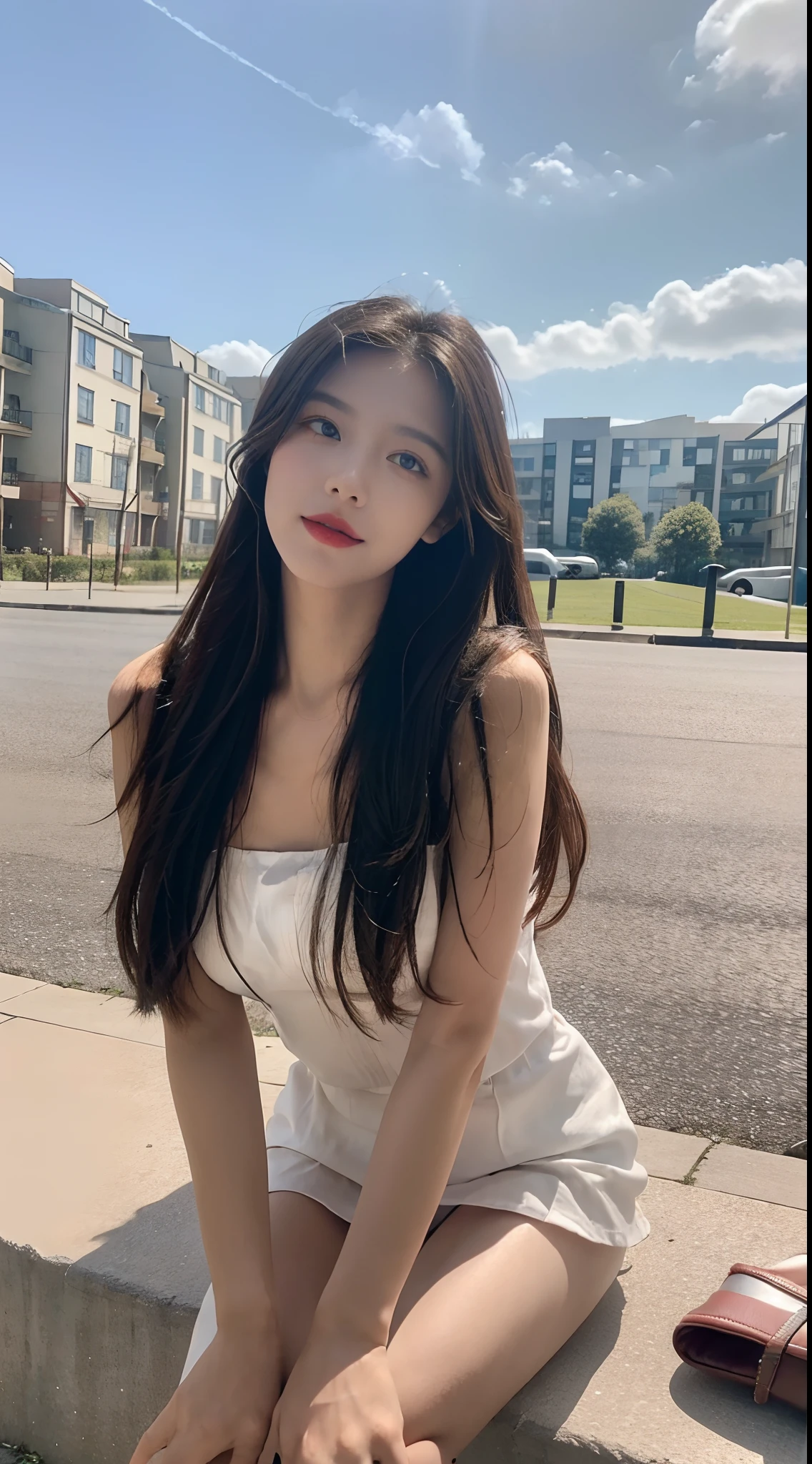 ((best qualtiy, 8K, tmasterpiece:1.3)), A pretty maiden,Pure,Melon seed face,gentle and cute,A sweet smile,Pure desire,Thin stature,(frontage),(Tilt your head),staring right into camera,uniform, Obi, formal,Black silky long, Straight hair,Long hair flowing over the shoulders,round black big eyes,Clear big eyes,Hydrated red lips,Sweet,Sit by the road,with blue sky and white clouds,Blue skies,grassy fields,Buildings,