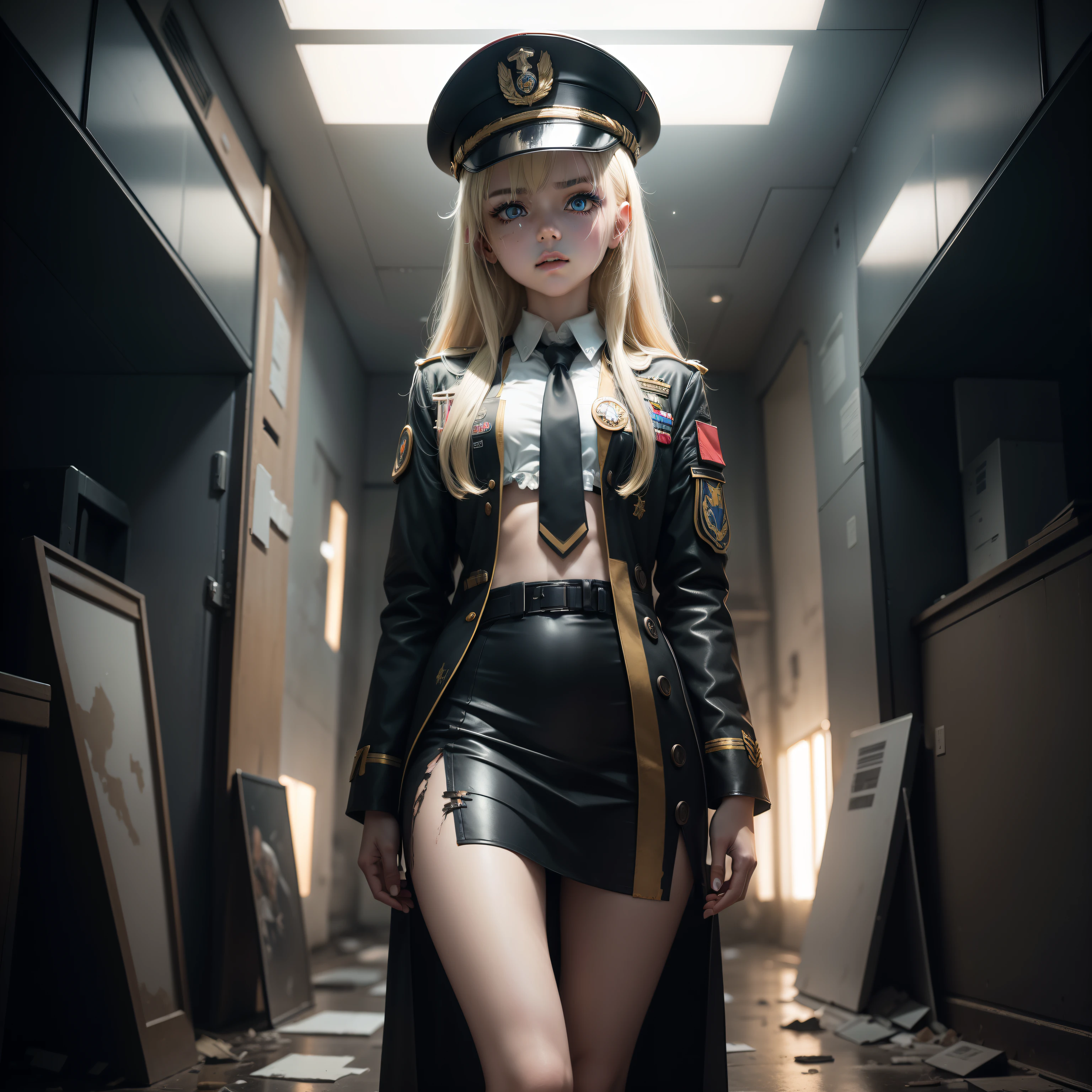ukrainian girl , Ukrainian anime girls , , Ukraine , Full body composition of young girl with messy bright blonde hair, eye make up, , Soft lighting, Solo, Old torn dirty shabby futuristic military uniform, badges, Pose, Blotch color, Octane Render, Hyperrealistic intricate detail, Cinematic, 8K resolution, 70mm, Accent Lighting, Global Illumination, Full body portrait, clean detailed faces, intricate clothing, Cute face, flat chest, Slim waist, Slim legs, small hips,Colonel's clothes,Colonel's hat,Wearing a tie,