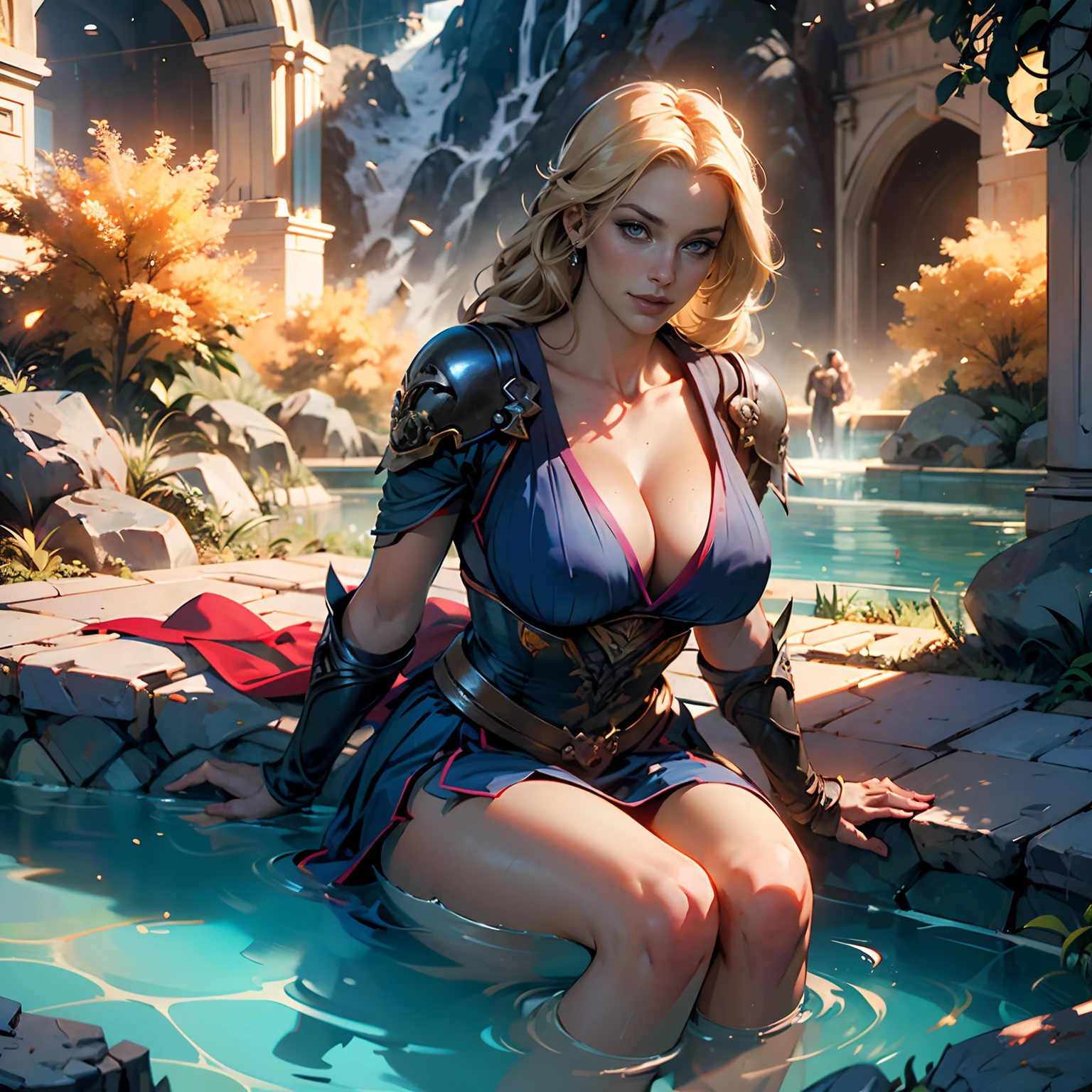 High-angle shot of a smiling blonde female character, (FISHEYE ANGLE)++++, vista de arriba hacia abajo, 60º bird's-eye view camera angle, Ultra wide-angle camera, (8k, La mejor calidad, obra maestra: 1.2), The most beautiful illustration in the world, THE CHARACTER IS ON TOP OF A BUILDING (realista, fotorrealista: 1.37), VRAY, HDR,Ultra detalle, calidad premium, ultra-high def, Pro Lighting, mapeo de fotones, radiosidad, physically based representation, cinematic lighting+, Margot Robbie+++ is the blonde superheroine Supergirl (viste camiseta azul ajustada con una S DE SUPERMAN amarilla en el centro del pecho, una tanga azul, y botas de cuero rojo brillante), sin guantes, sin brazaletes, damp skin, gotas brillantes de sudor, erotic, pechos grandes desnudo, rubor rojo、un cuerpo mojado、vampiresa viciosa, (brillante), Chica animadora、melena intrincada rubia+++ 、sonriente, sonrisa perfecta、gran escote, high fantasy、obscenidad、Tetas colosales、senos muy grandes, The pink nipple peeks through the clothes, grandes pezones duros, highly detallado、8k、high resolusion、Labios grandes y jugosos、muslos gruesos y jugosos、maquillaje、sombra de ojos de color rojo, pechos grandes y brillantes, mirando al espectador、fotorrealista、cinema4d、octane representation、Un sexy、Curvaceous but slender、Sobreexpuestas、Perfectcomposition、 NSFW, Calidad profesional, motor irreal , profundidad espacial, In a fantasy forest bathe in hot thermal baths with steam coming out of the water with a beautiful field of olive trees in the background, puesta del sol (Chispas: 0.7), (8k, La mejor calidad, obra maestra: 1.2), The most beautiful illustration in the world, (realista, fotorrealista: 1.37), Ultra detalle, calidad premium, ultra-high def, Pro Lighting, mapeo de fotones, radiosidad, physically based representation, cinematic lighting, cabello bioluminiscente, ojos brillantes, Arte de Artgerm y Greg Rutkowski y Alphonse Mucha,