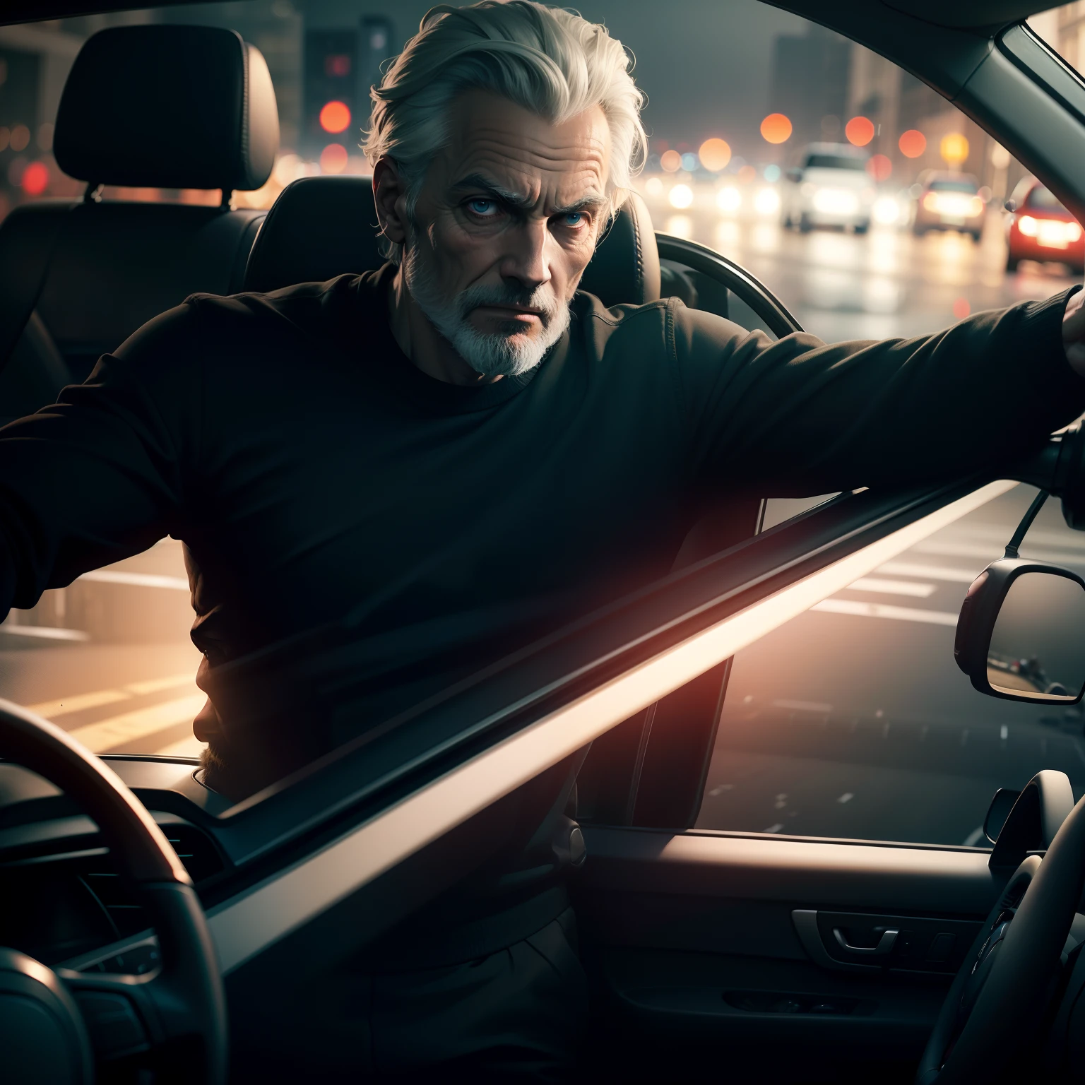 Driving inside the vehicle very dark night top quality 8k scary sinister man standing on the road photorealistic