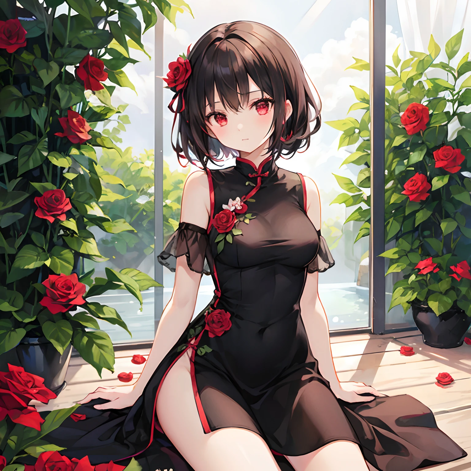 Wavy black hair、red eyes、Beautiful girl alone、qipao dress、a miniskirt、Bright red rose garden、Black tights、sitting on